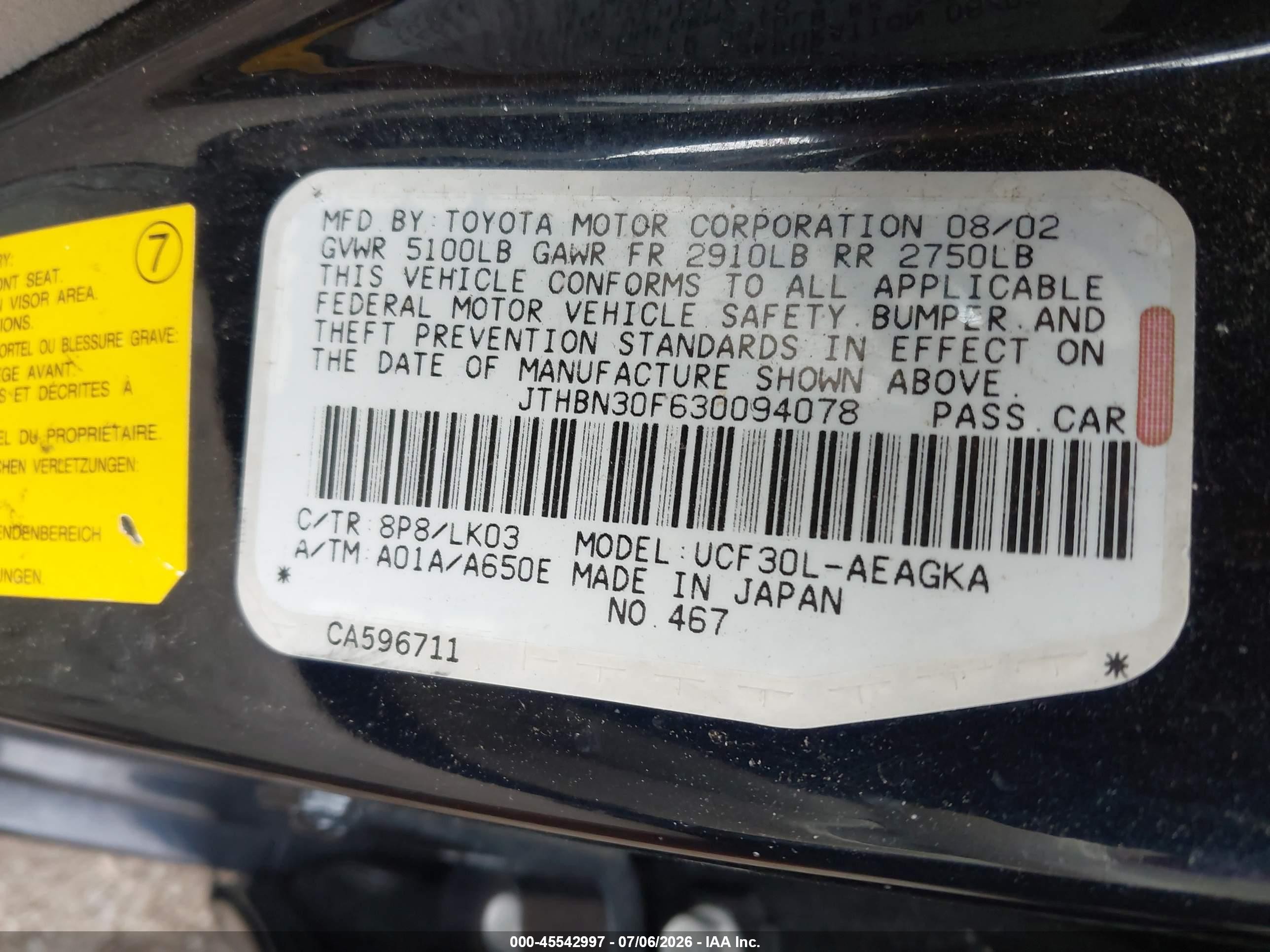 2003 Lexus Ls 430 Dark Blue vin: JTHBN30F630094078