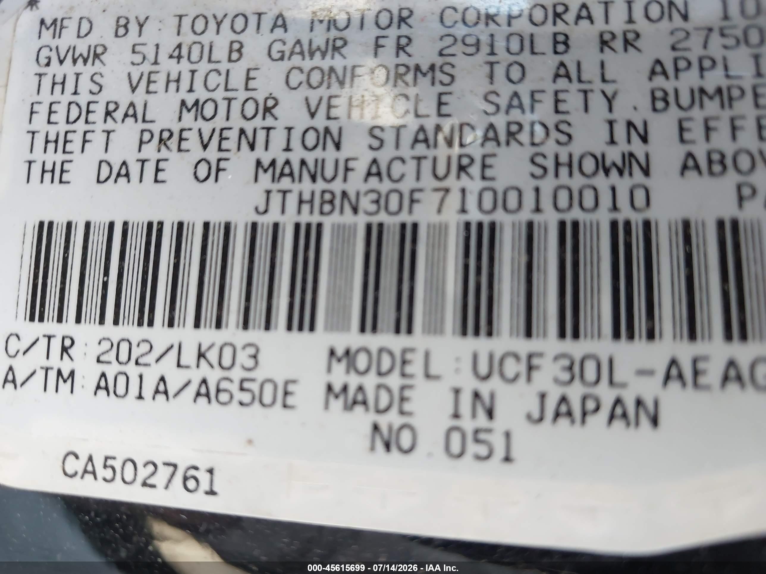 2001 Lexus Ls 430   Black vin: JTHBN30F710010010