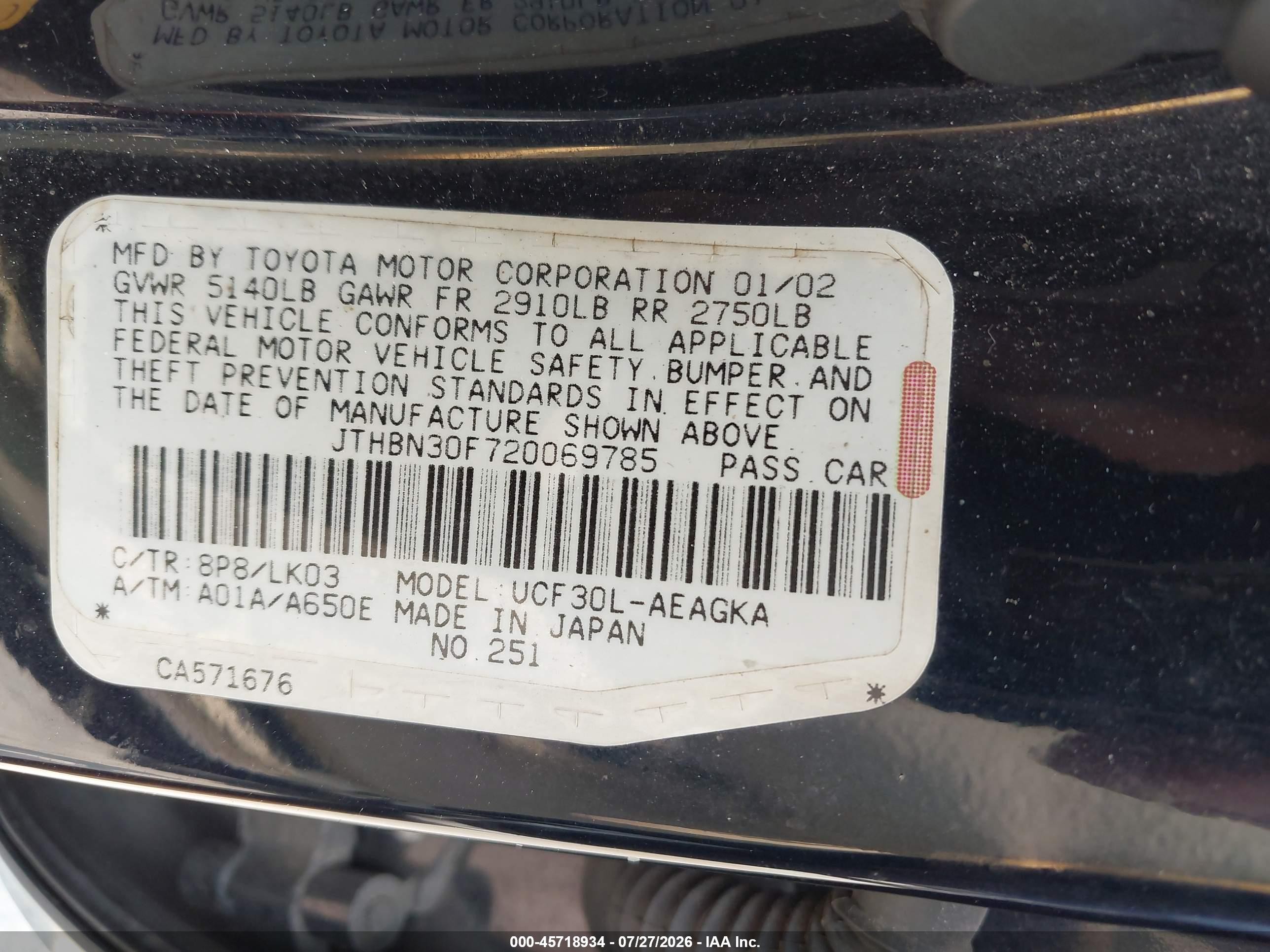 2002 Lexus Ls 430 Blue vin: JTHBN30F720069785