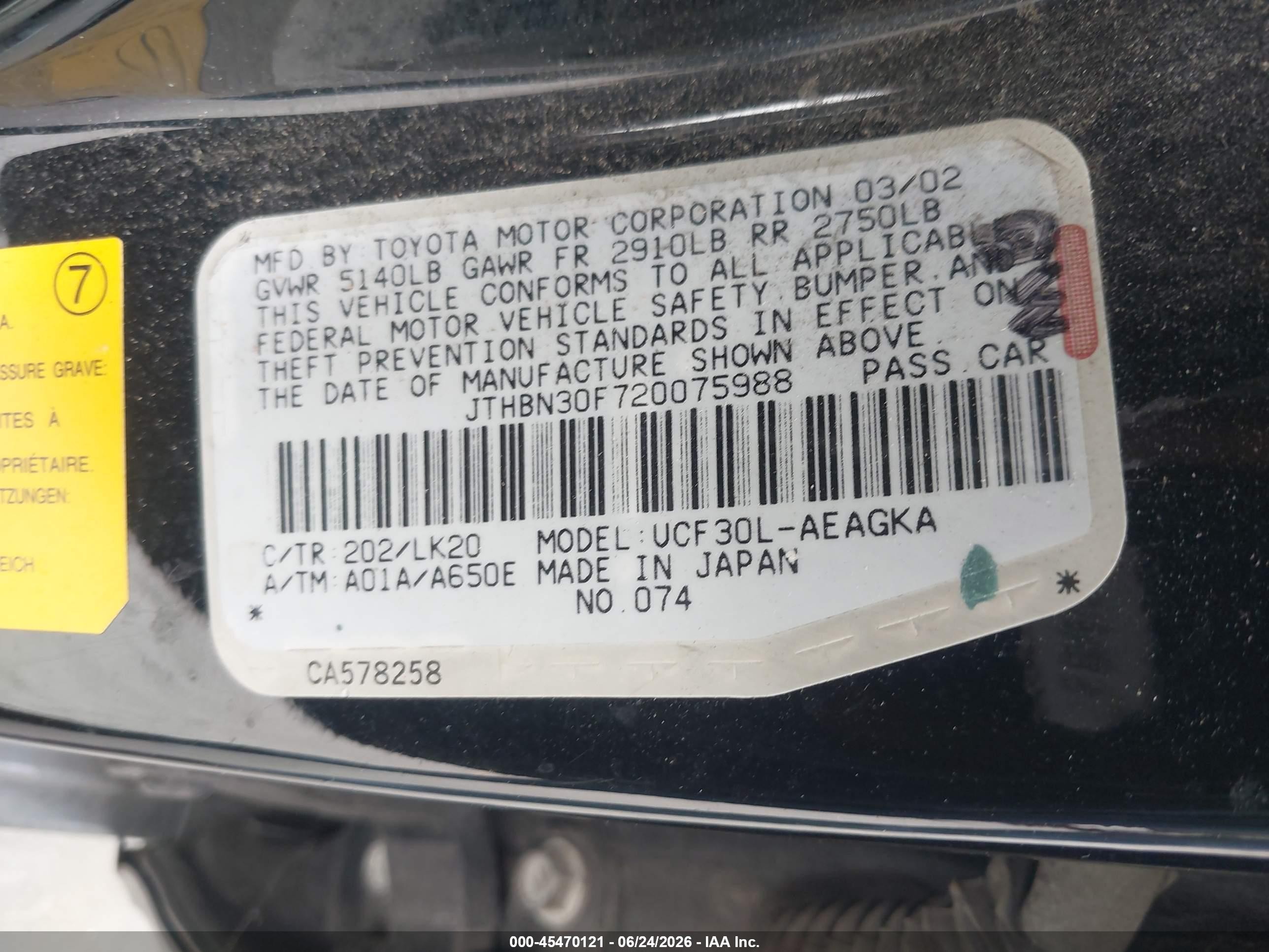 2002 Lexus Ls 430   Black vin: JTHBN30F720075988