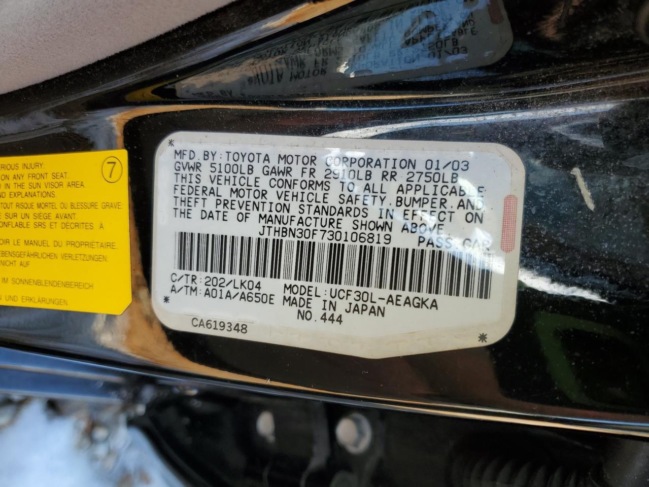 2003 Lexus Ls 430 Black vin: JTHBN30F730106819