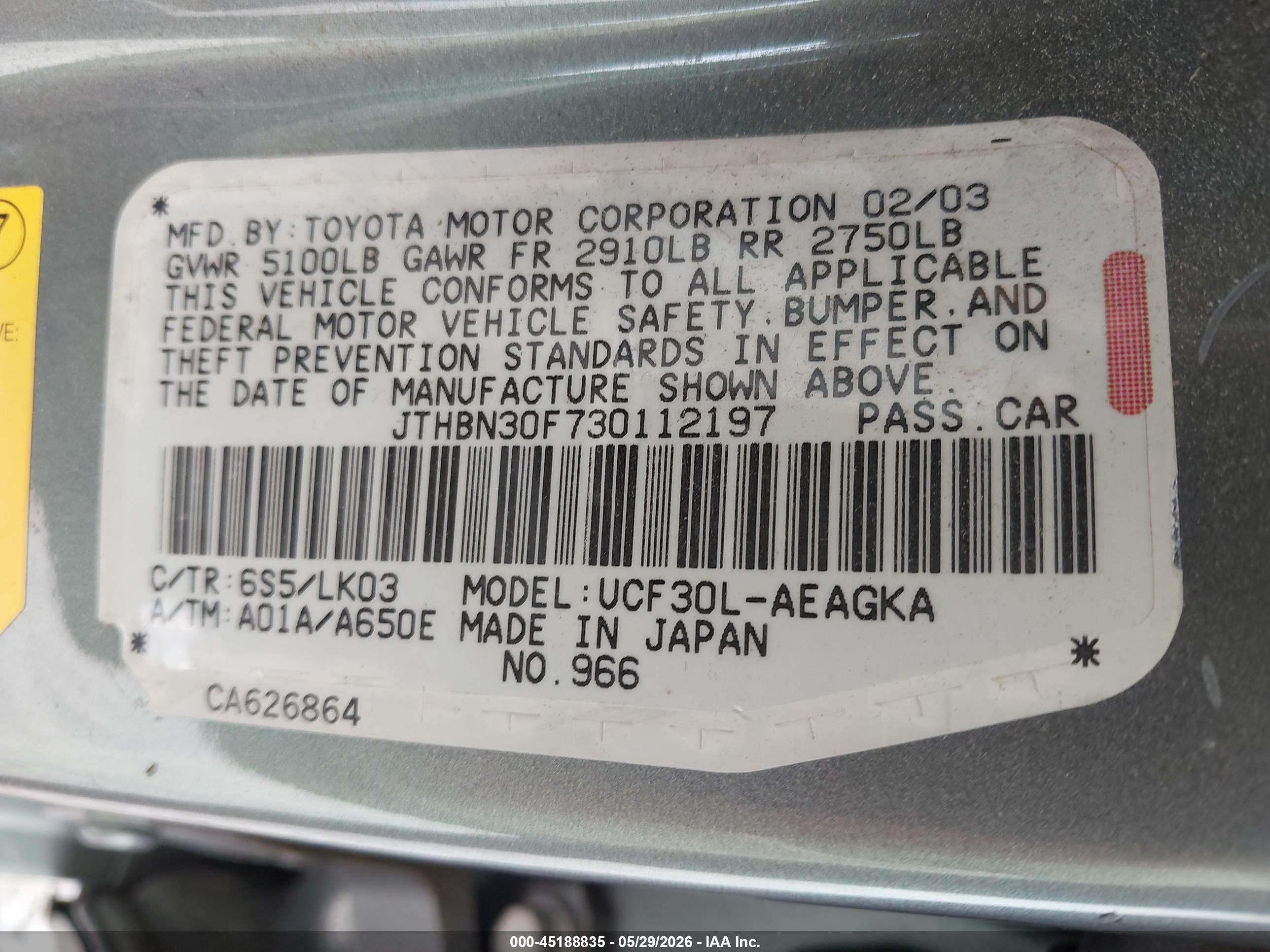 2003 Lexus Ls 430   Teal vin: JTHBN30F730112197