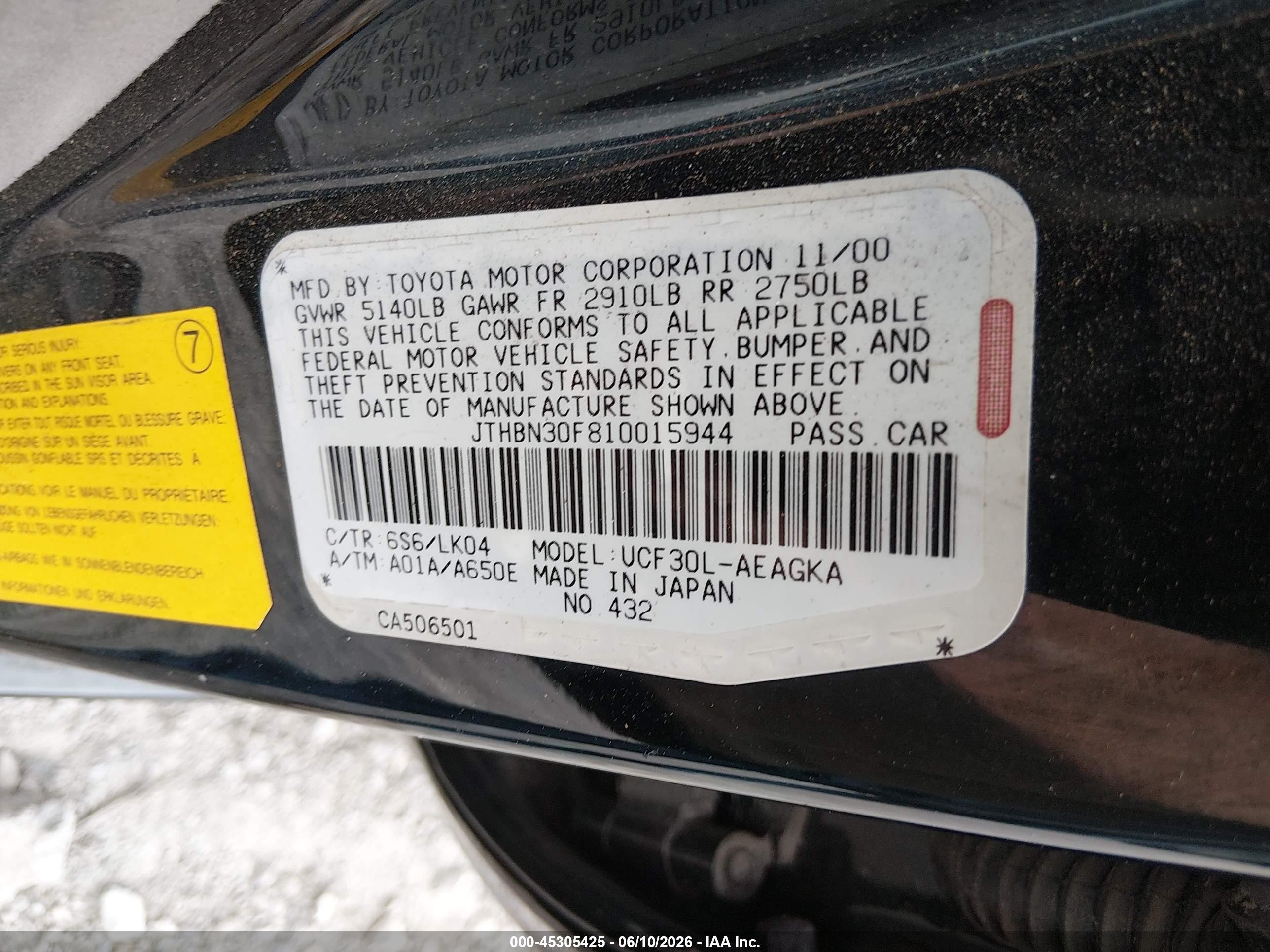 2001 Lexus Ls 430   Black vin: JTHBN30F810015944