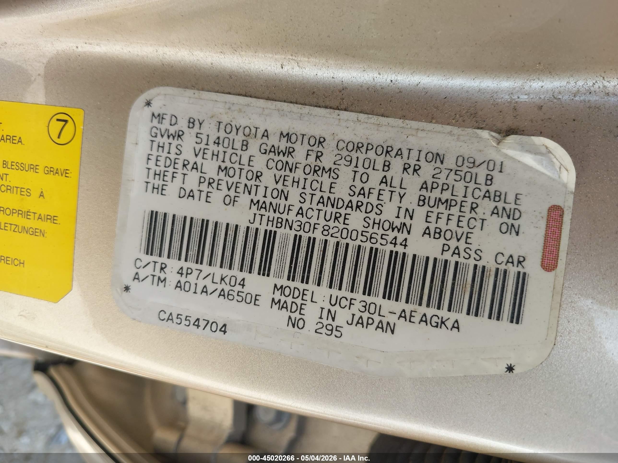 2002 Lexus Ls 430   Gold vin: JTHBN30F820056544