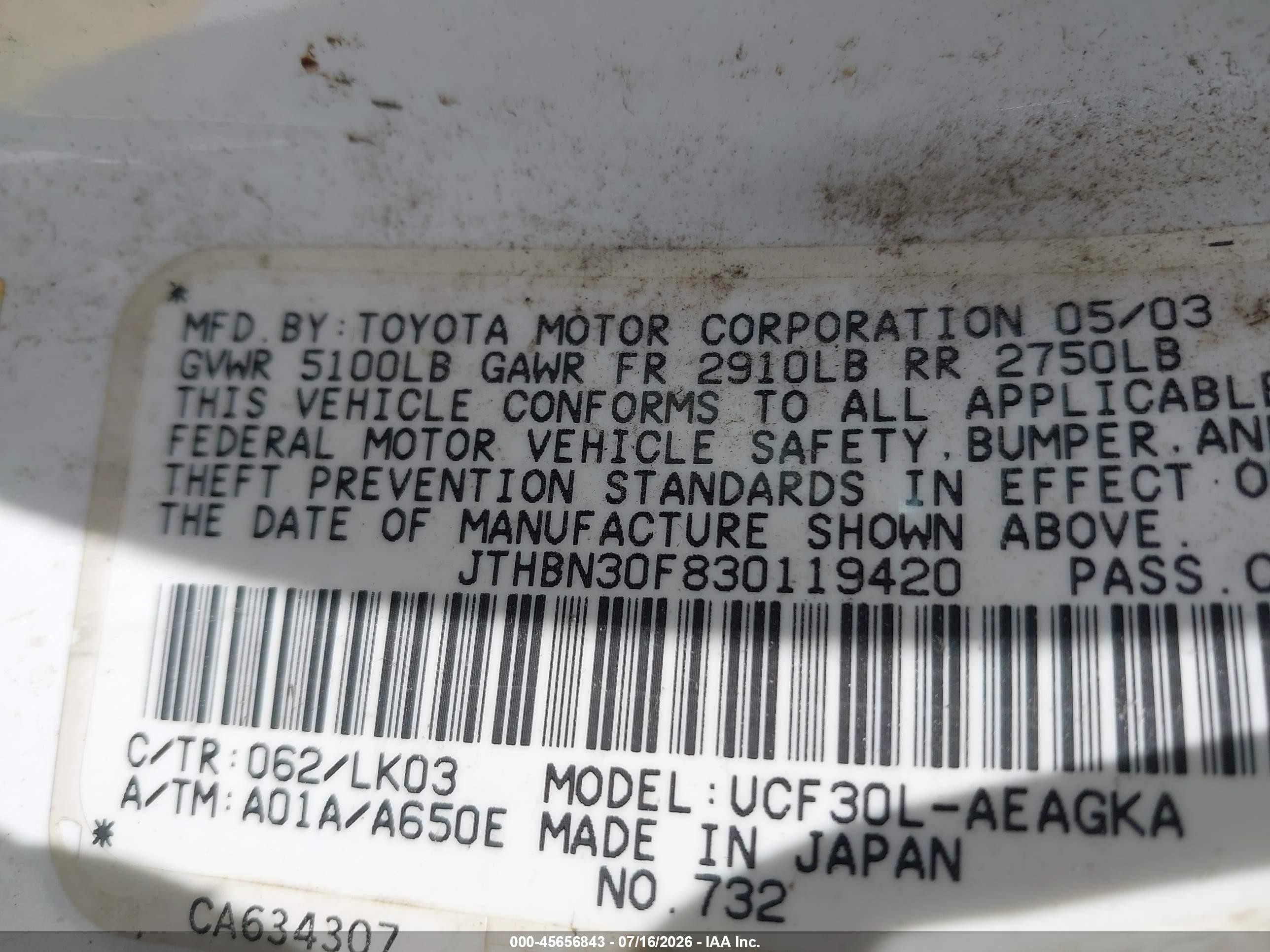 2003 Lexus Ls 430   White vin: JTHBN30F830119420