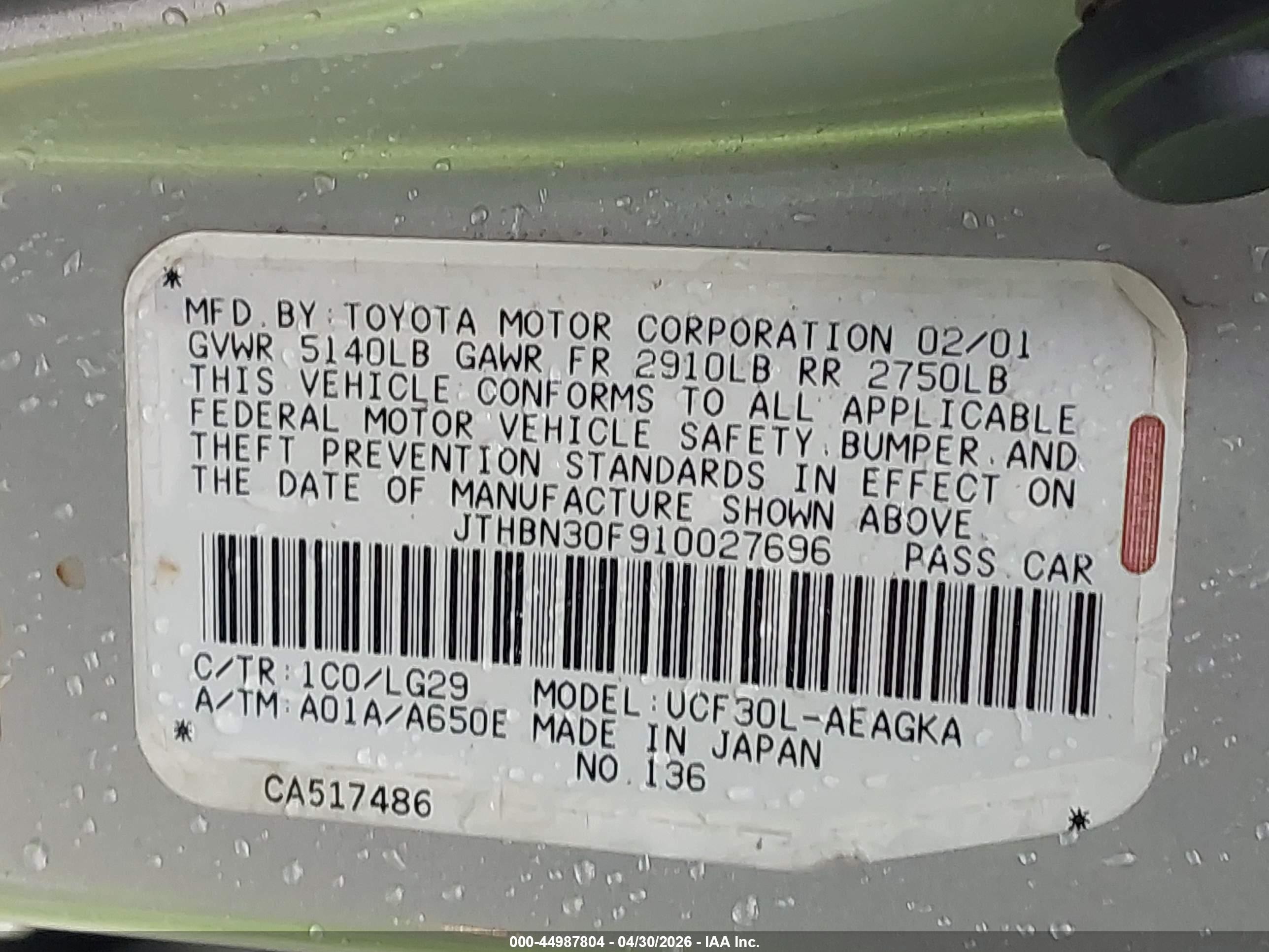 2001 Lexus Ls 430   Silver vin: JTHBN30F910027696