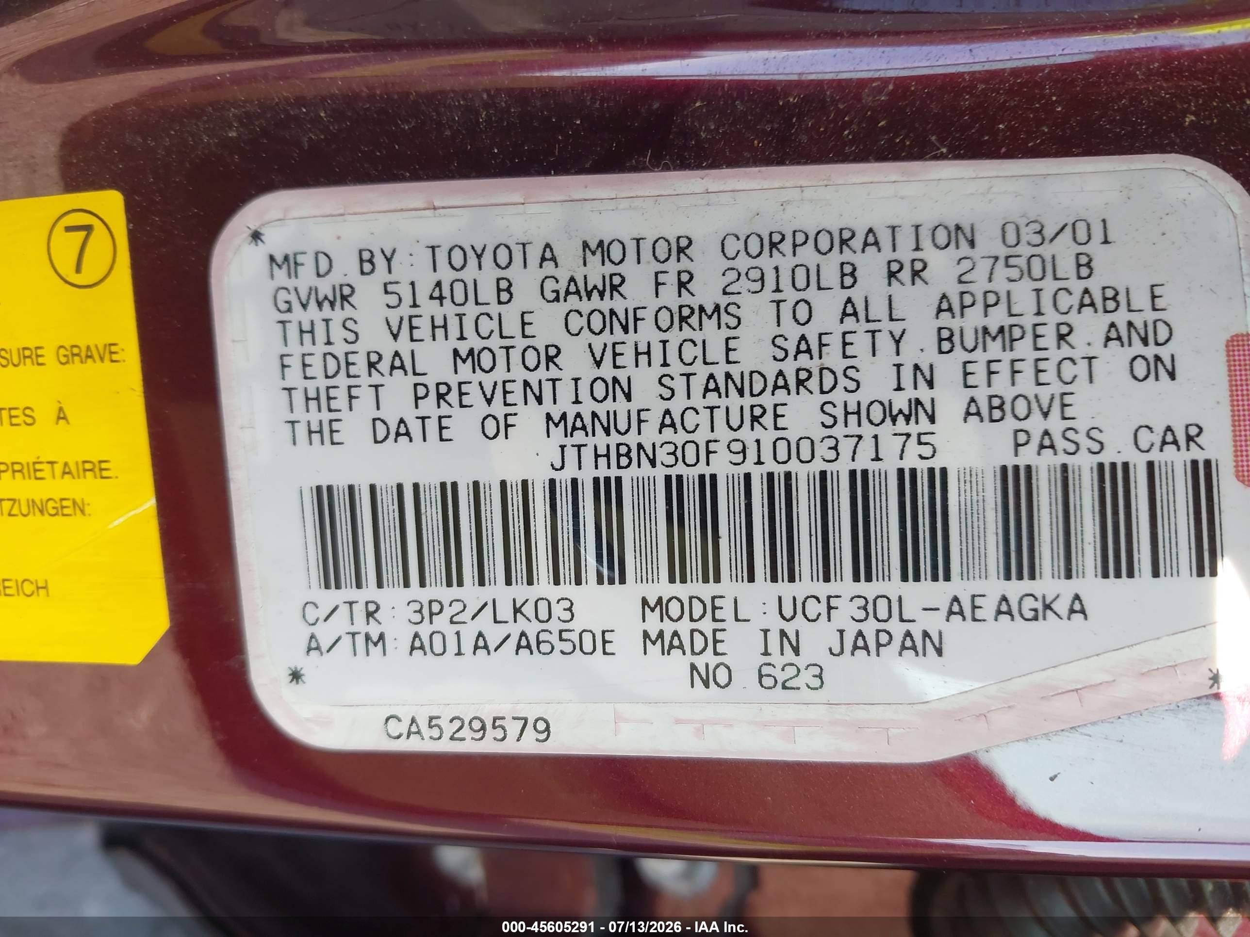 2001 Lexus Ls 430   Maroon vin: JTHBN30F910037175