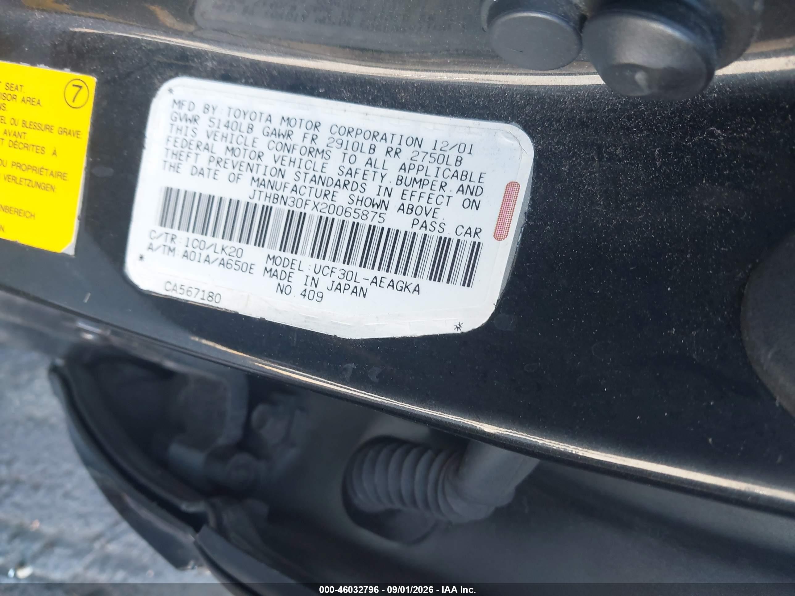 2002 Lexus Ls 430   Black vin: JTHBN30FX20065875