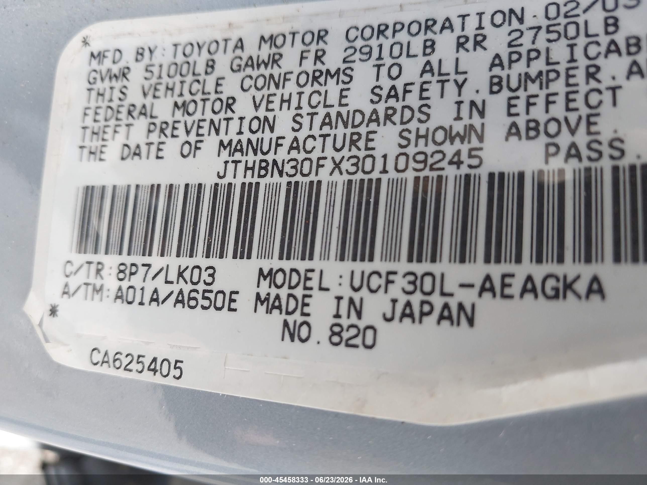 2003 Lexus Ls 430   Light Blue vin: JTHBN30FX30109245
