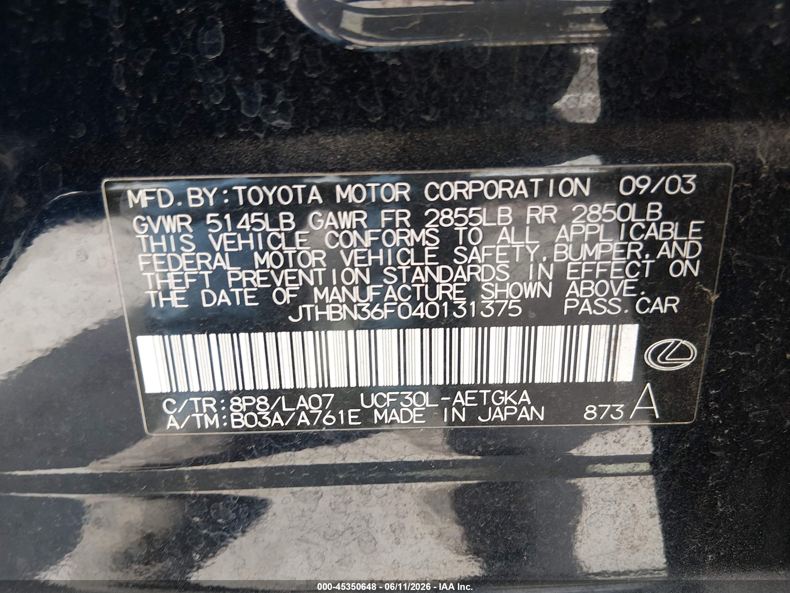 2004 Lexus Ls 430   Черный vin: JTHBN36F040131375