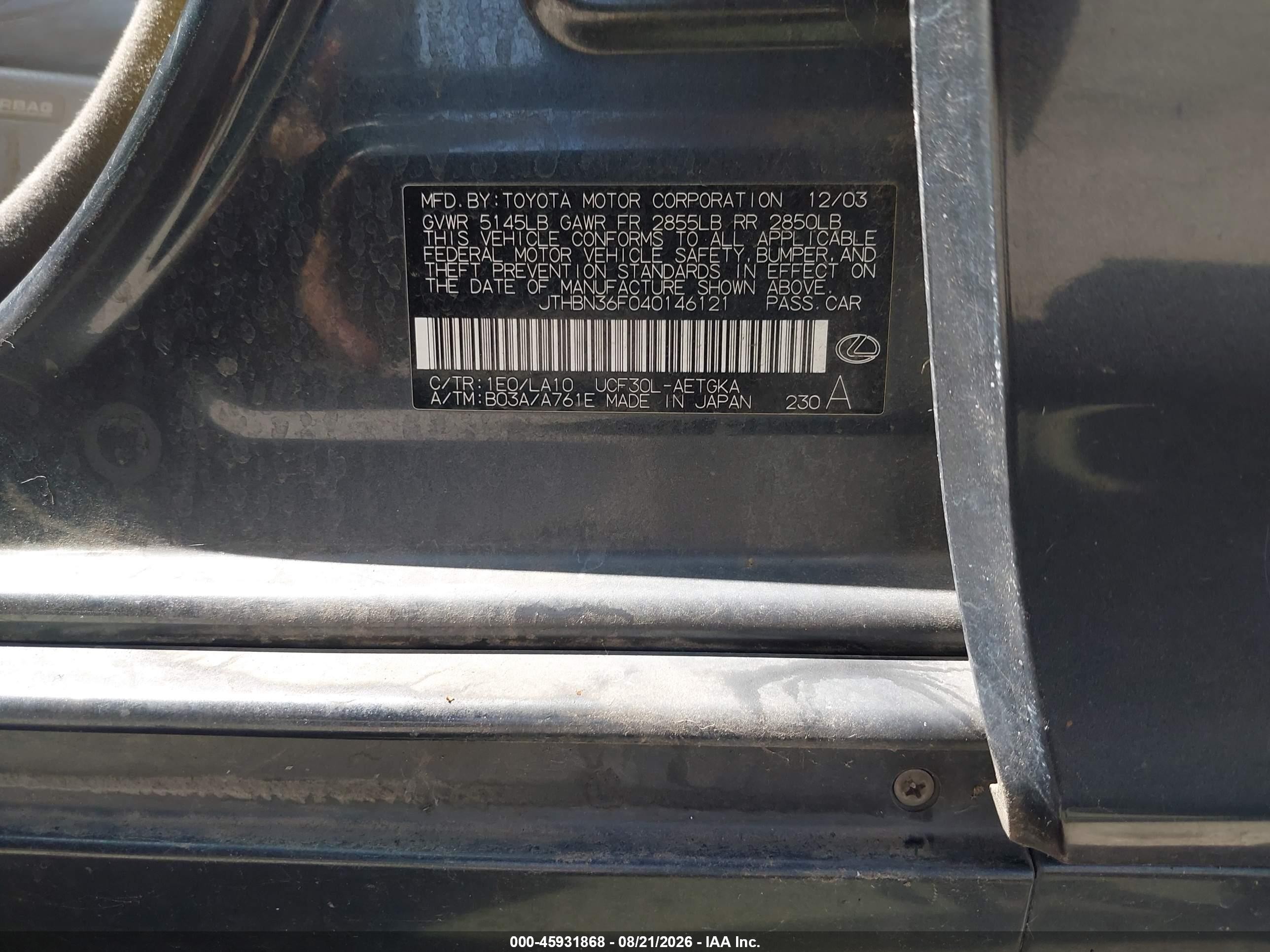 2004 Lexus Ls 430   Gray vin: JTHBN36F040146121