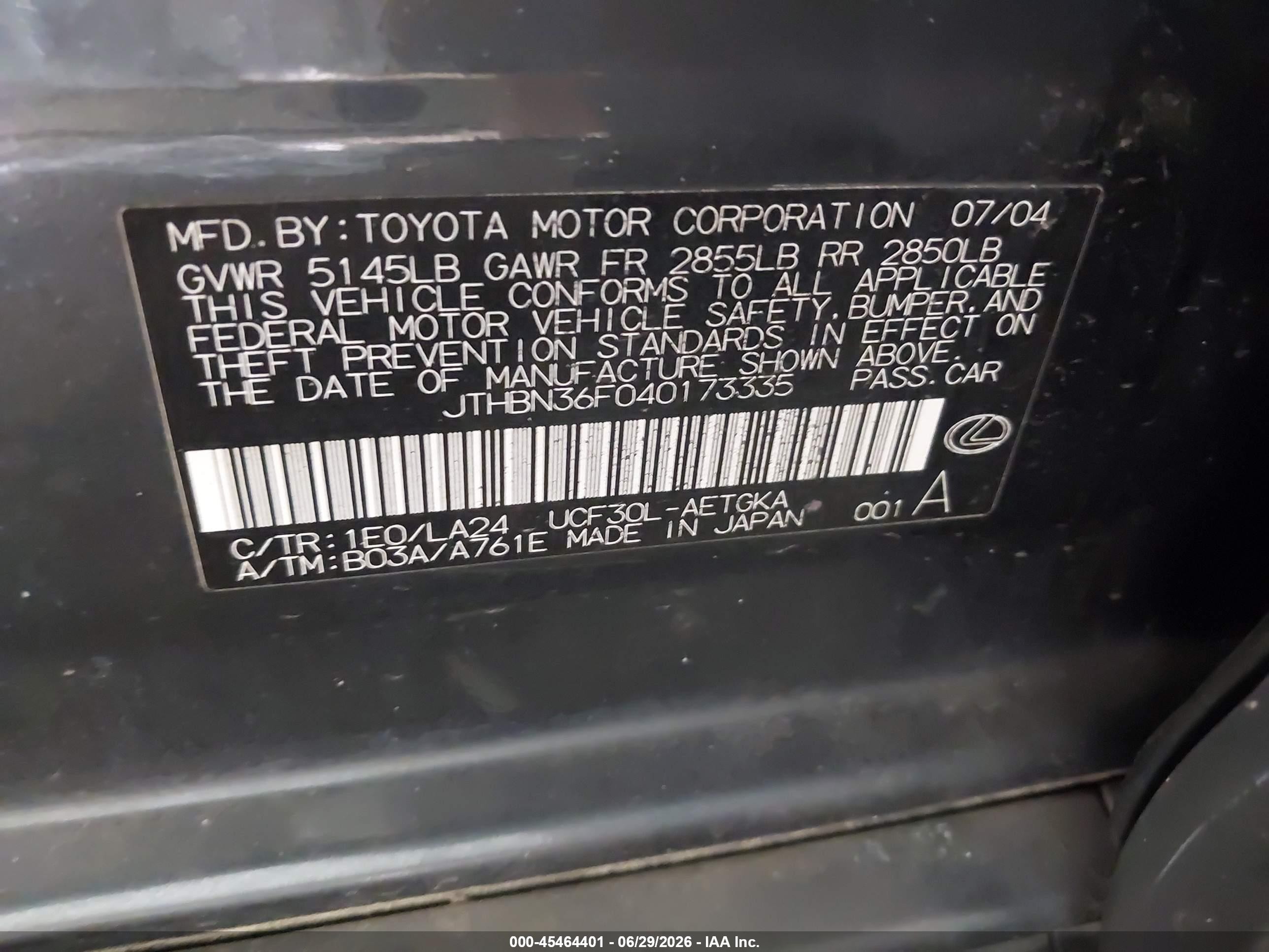 2004 Lexus Ls 430   Черный vin: JTHBN36F040173335