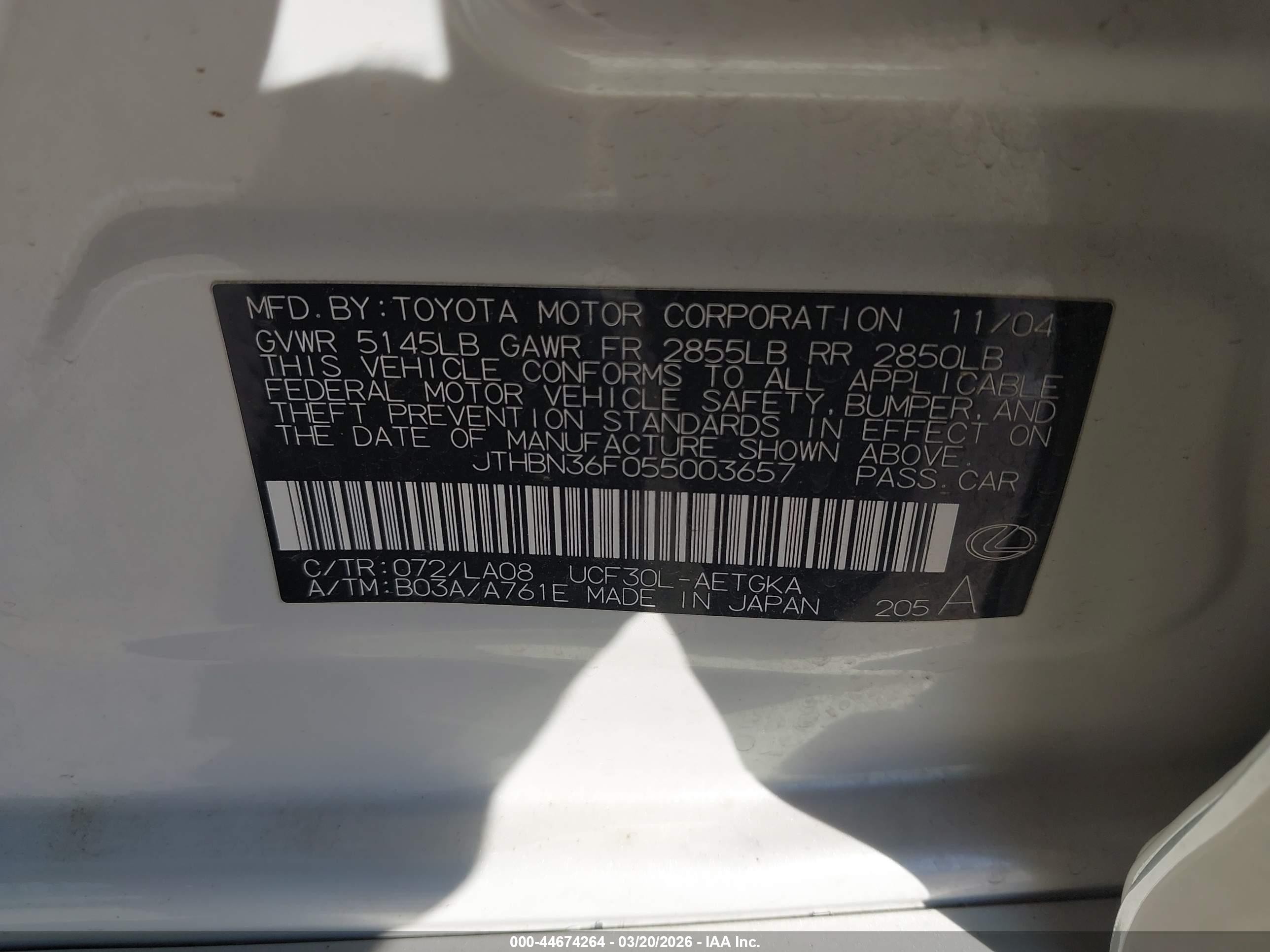 2005 Lexus Ls 430   White vin: JTHBN36F055003657