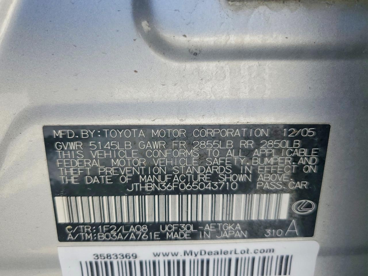 2006 Lexus Ls 430 Silver vin: JTHBN36F065043710