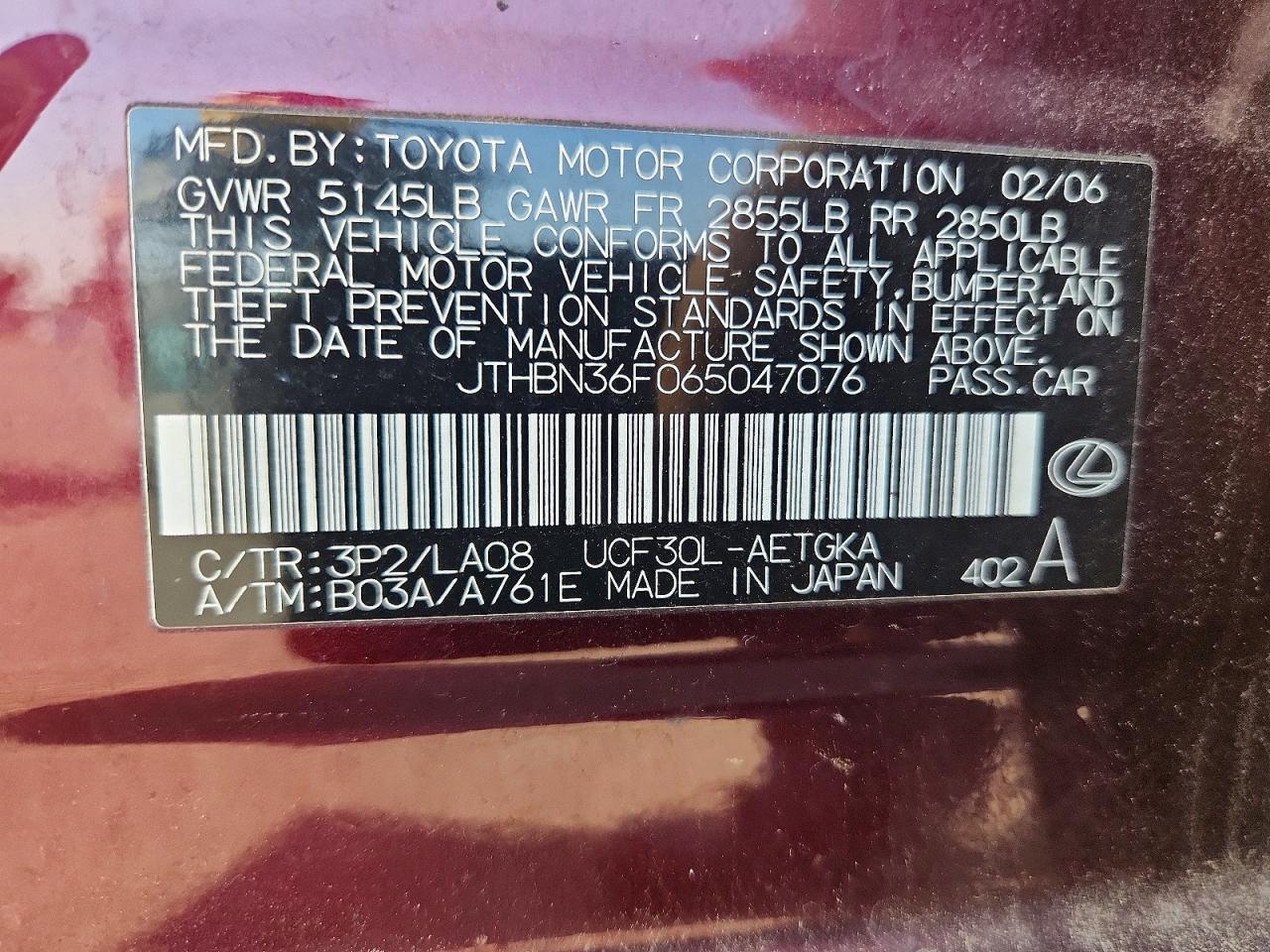 2006 Lexus Ls 430 Burgundy vin: JTHBN36F065047076