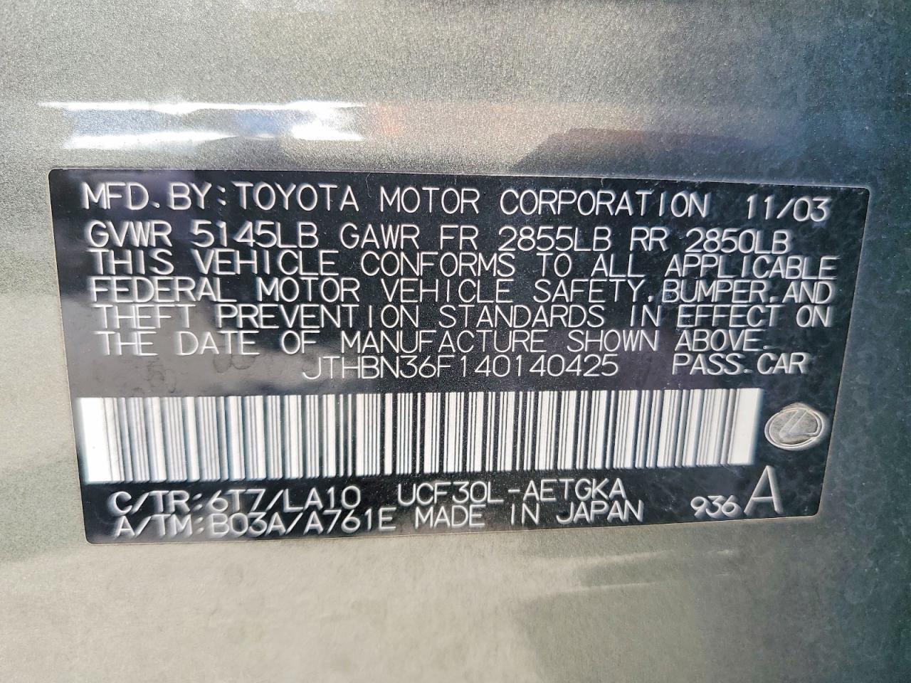 2004 Lexus Ls 430 Teal vin: JTHBN36F140140425