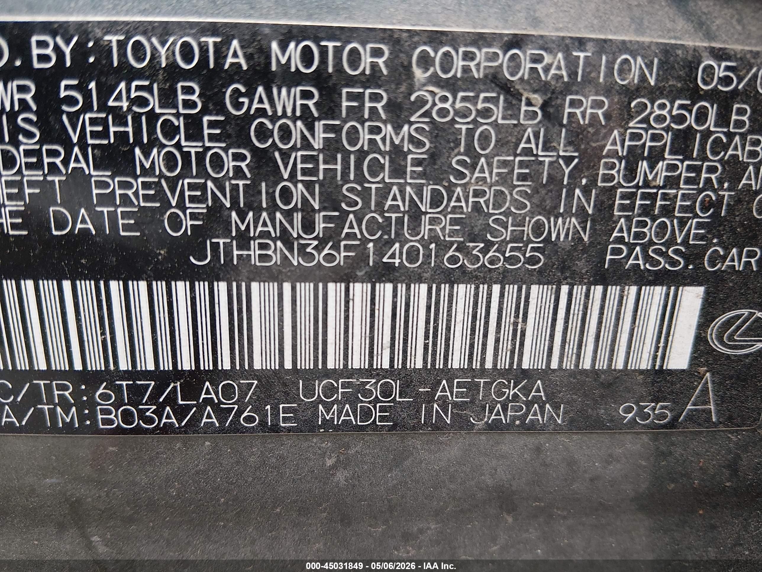 2004 Lexus Ls 430   Green vin: JTHBN36F140163655