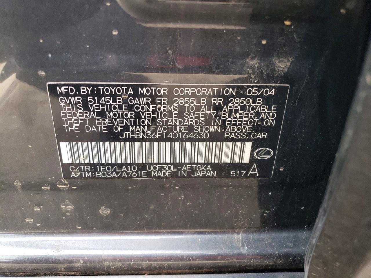 2004 Lexus Ls 430 Gray vin: JTHBN36F140164630