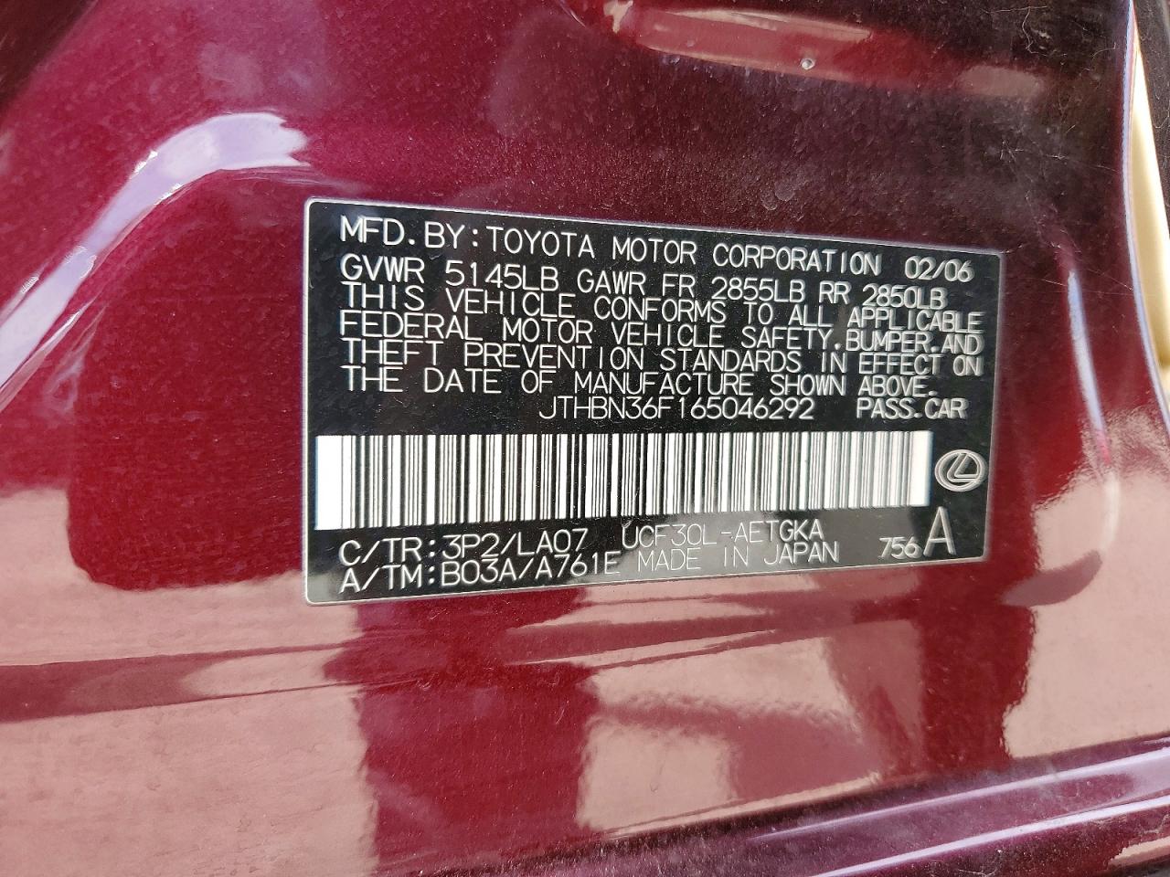 2006 Lexus Ls 430 Burgundy vin: JTHBN36F165046292