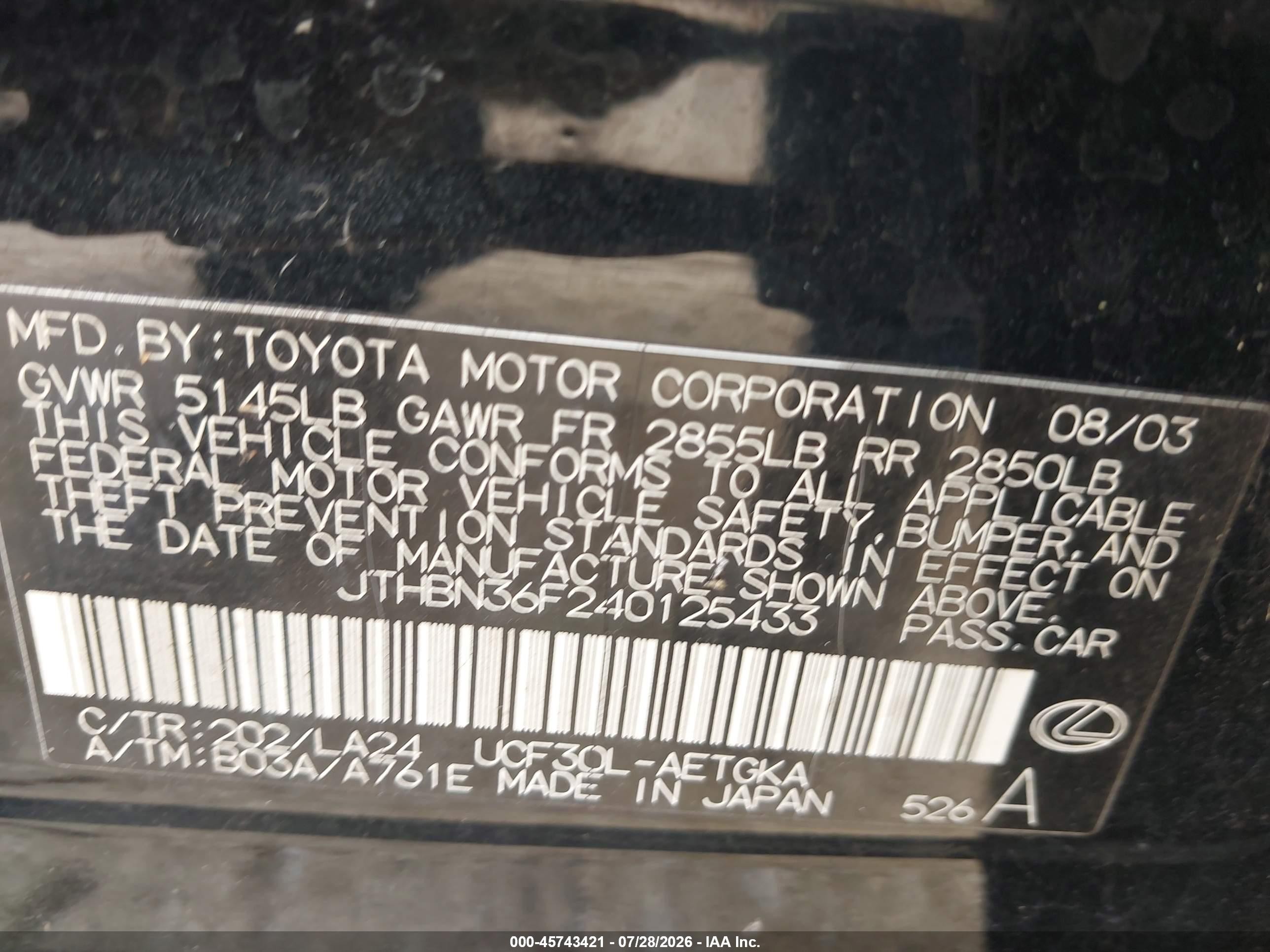 2004 Lexus Ls 430   Black vin: JTHBN36F240125433
