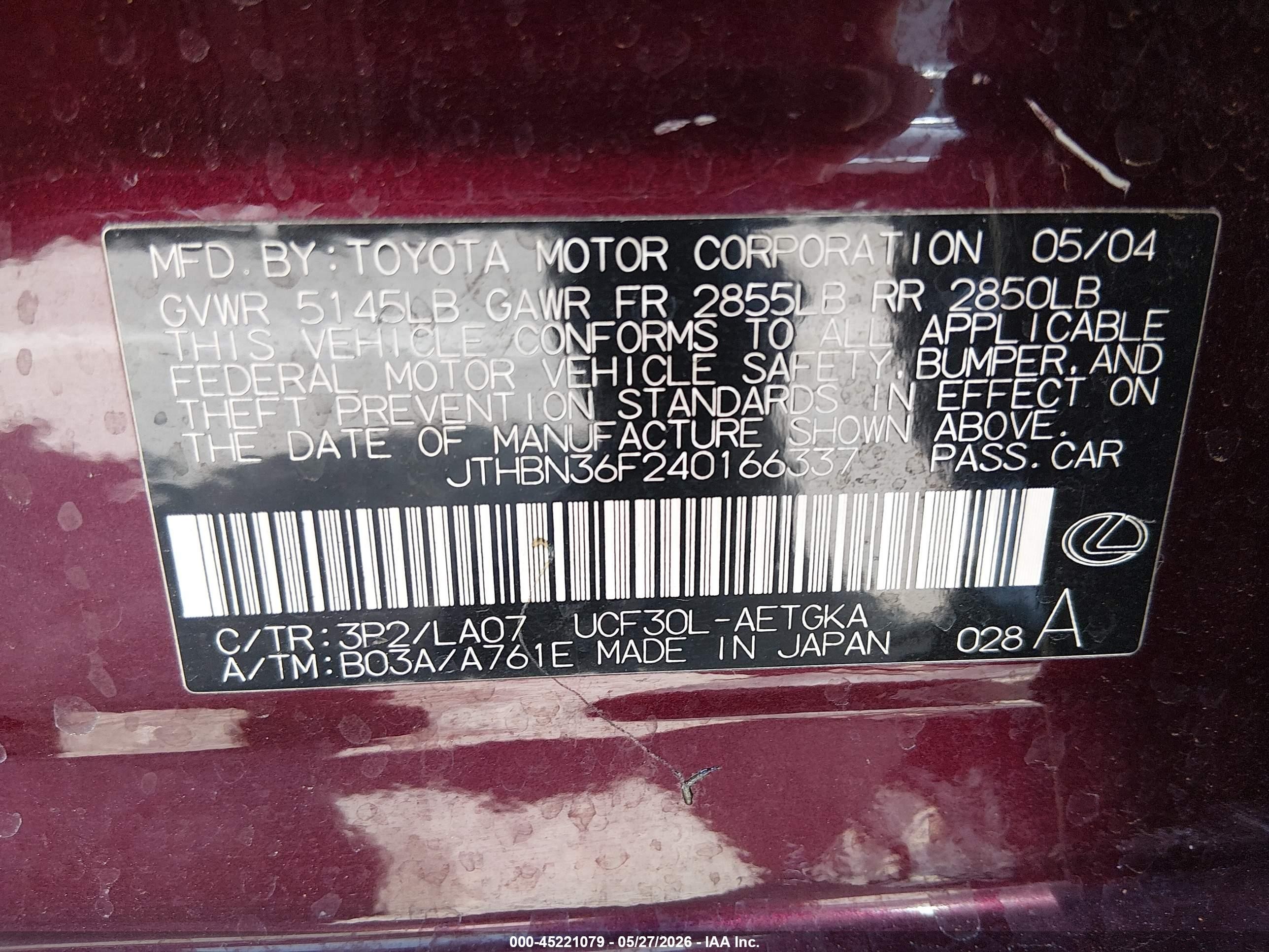 2004 Lexus Ls 430 Burgundy vin: JTHBN36F240166337