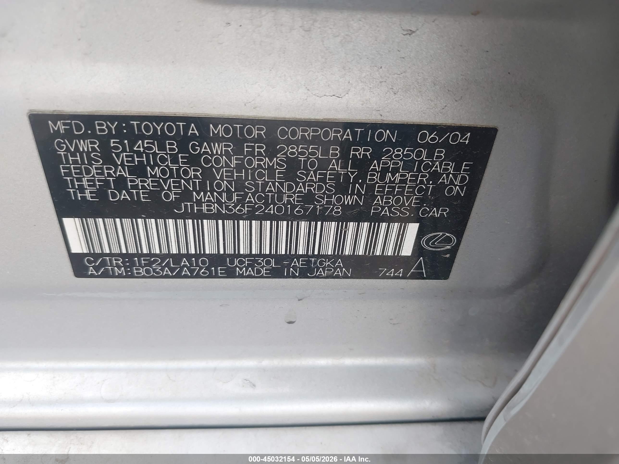 2004 Lexus Ls 430   Silver vin: JTHBN36F240167178