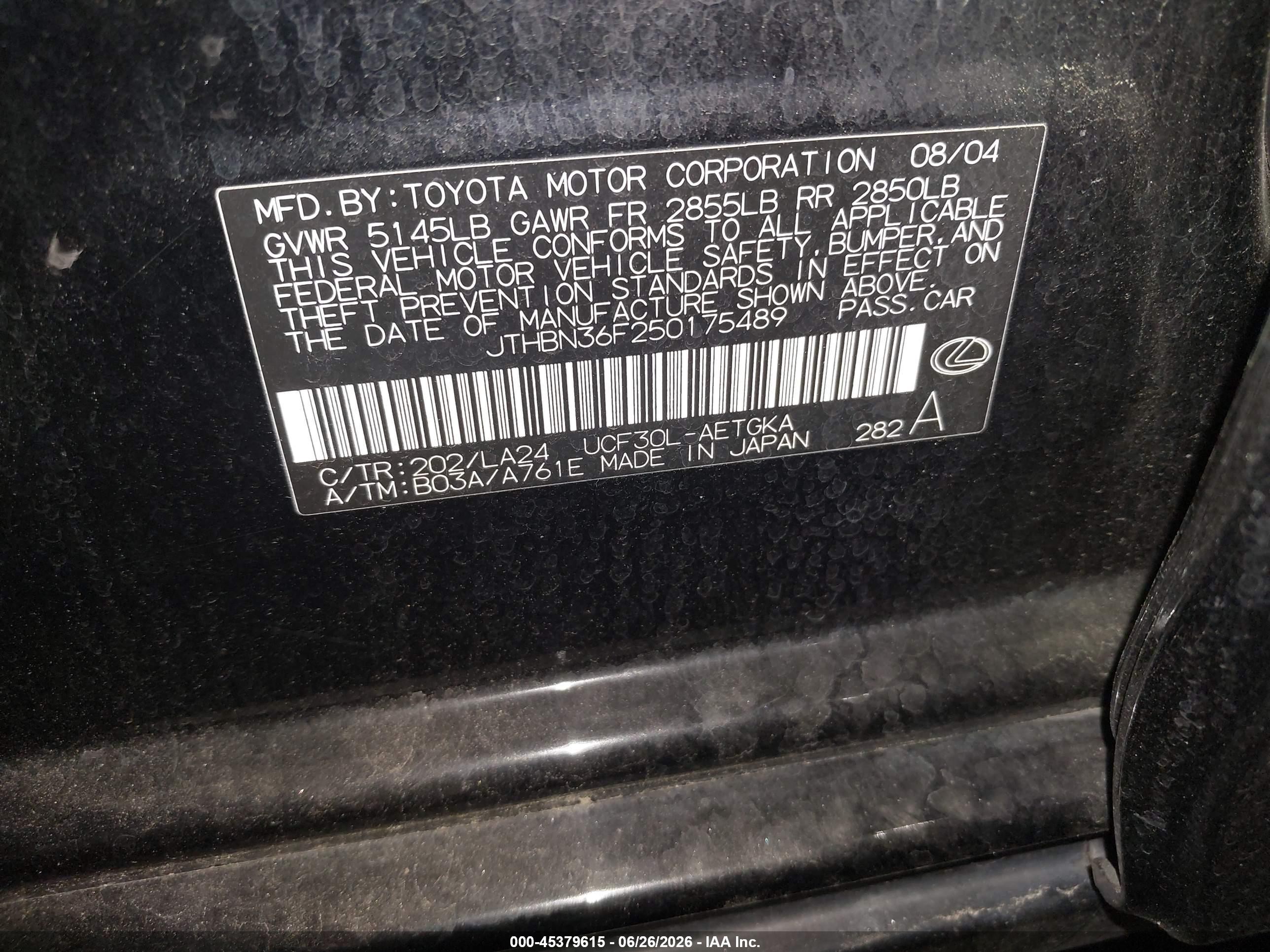 2005 Lexus Ls 430   Black vin: JTHBN36F250175489