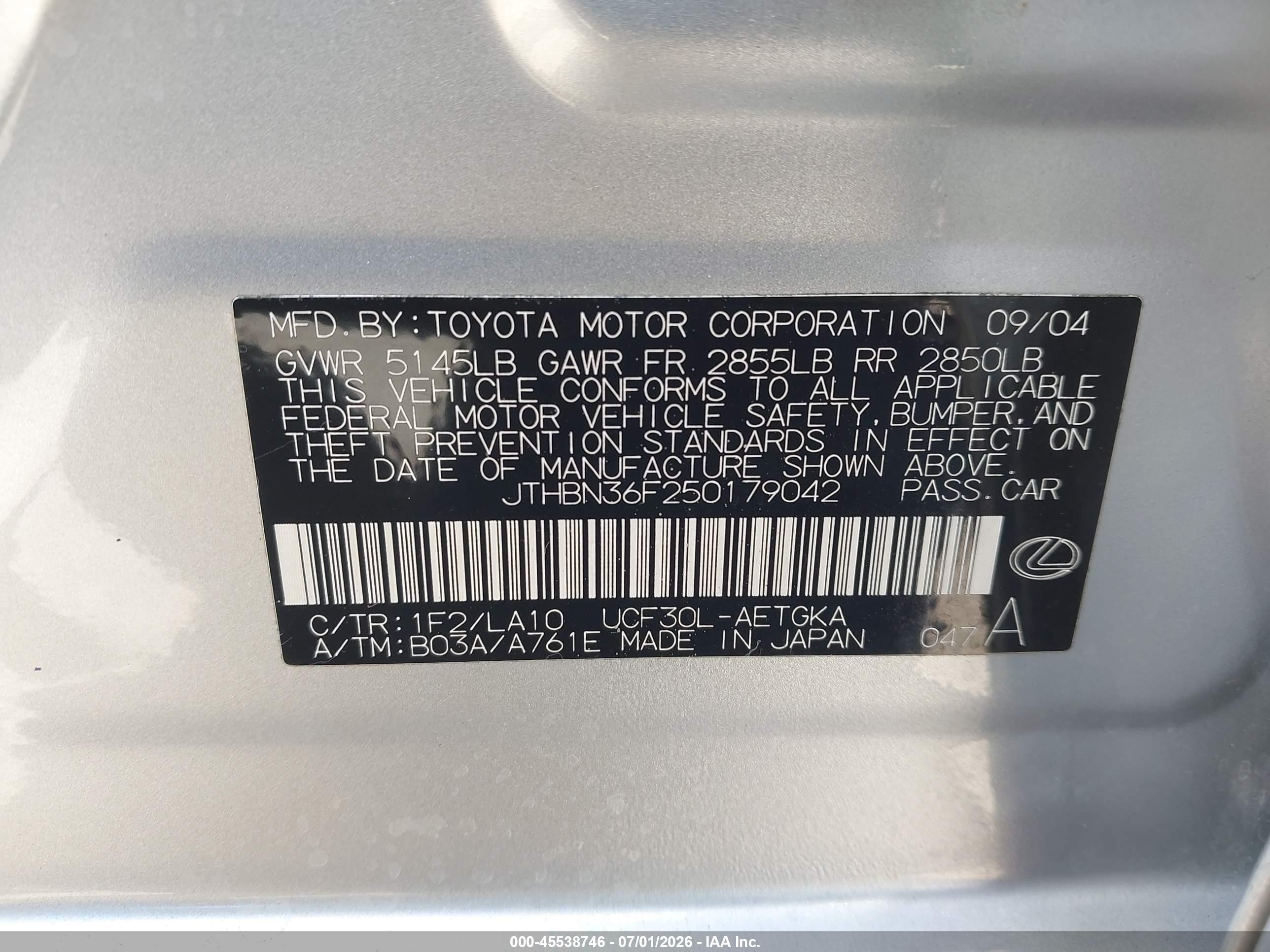 2005 Lexus Ls 430   Silver vin: JTHBN36F250179042