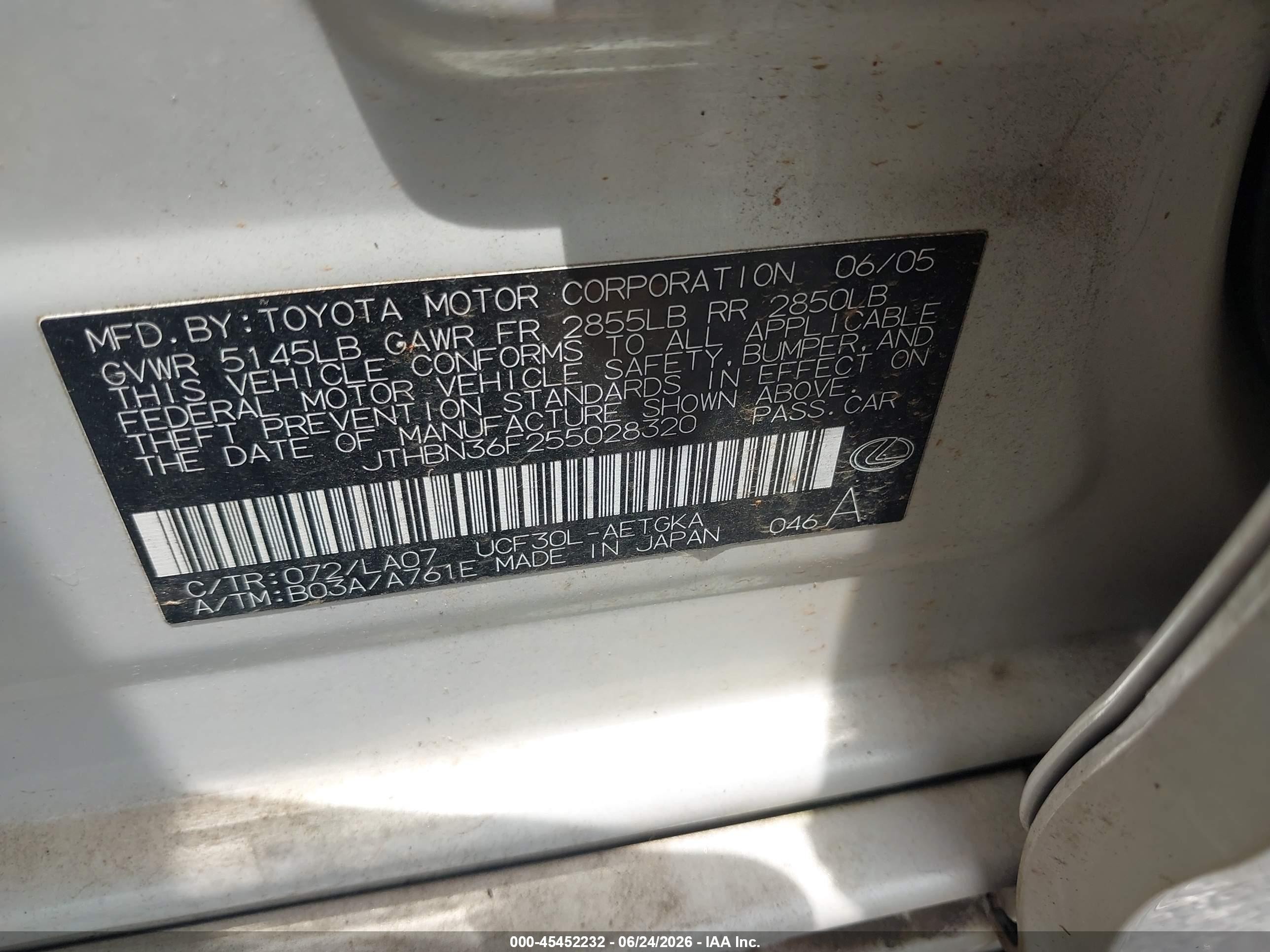 2005 Lexus Ls 430   White vin: JTHBN36F255028320