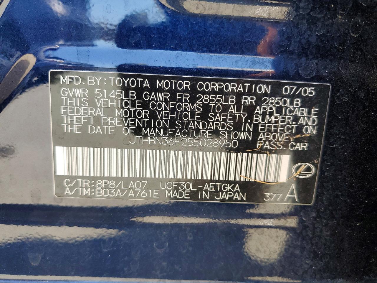 2005 Lexus Ls 430 Blue vin: JTHBN36F255028950