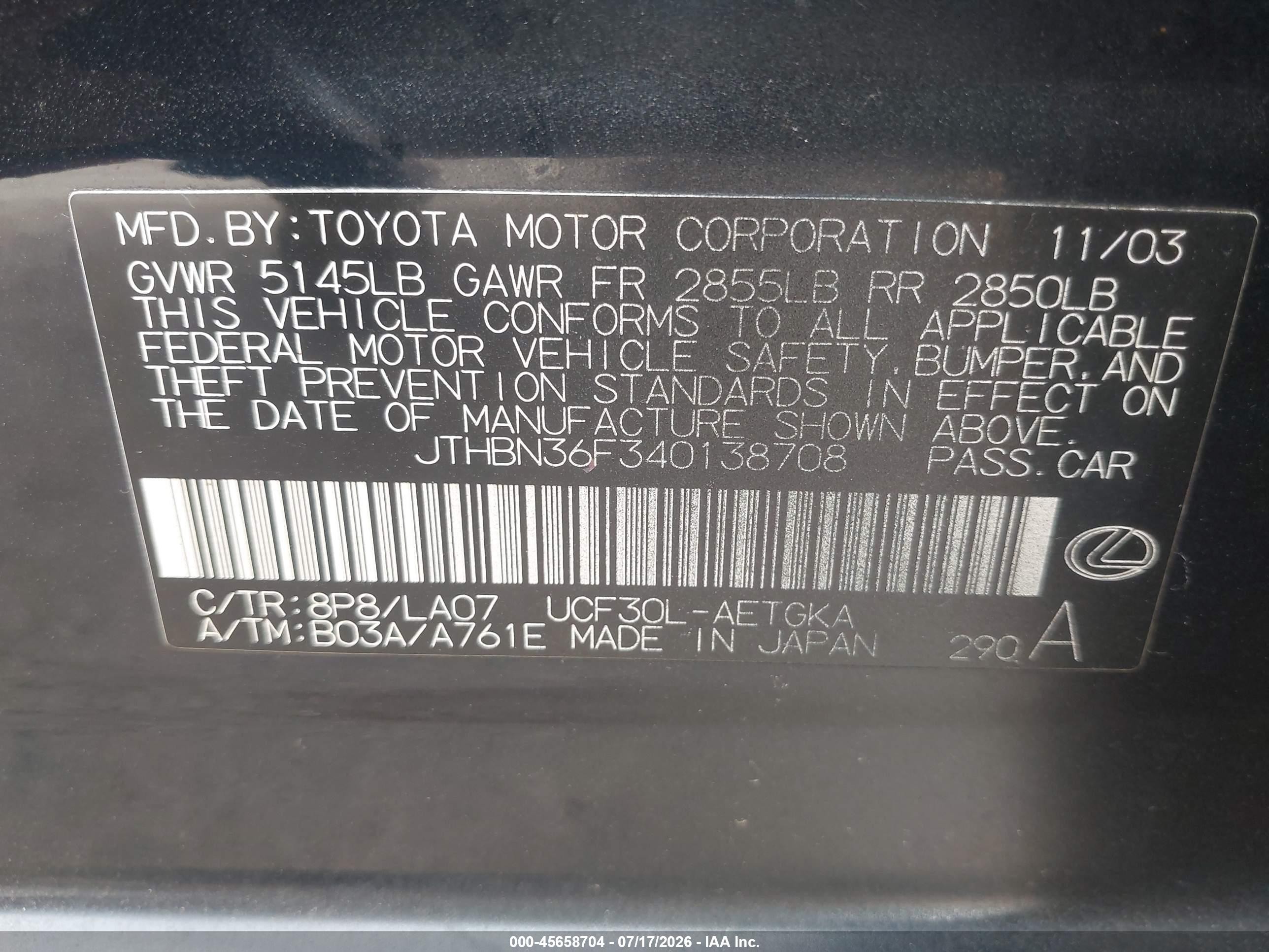 2004 Lexus Ls 430   Черный vin: JTHBN36F340138708