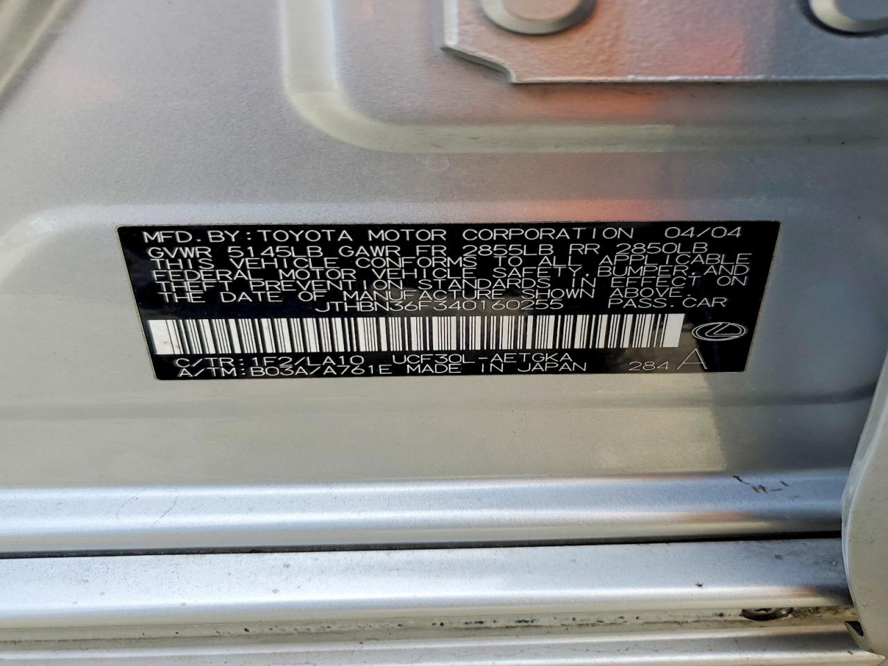 2004 Lexus Ls 430 Silver vin: JTHBN36F340160255