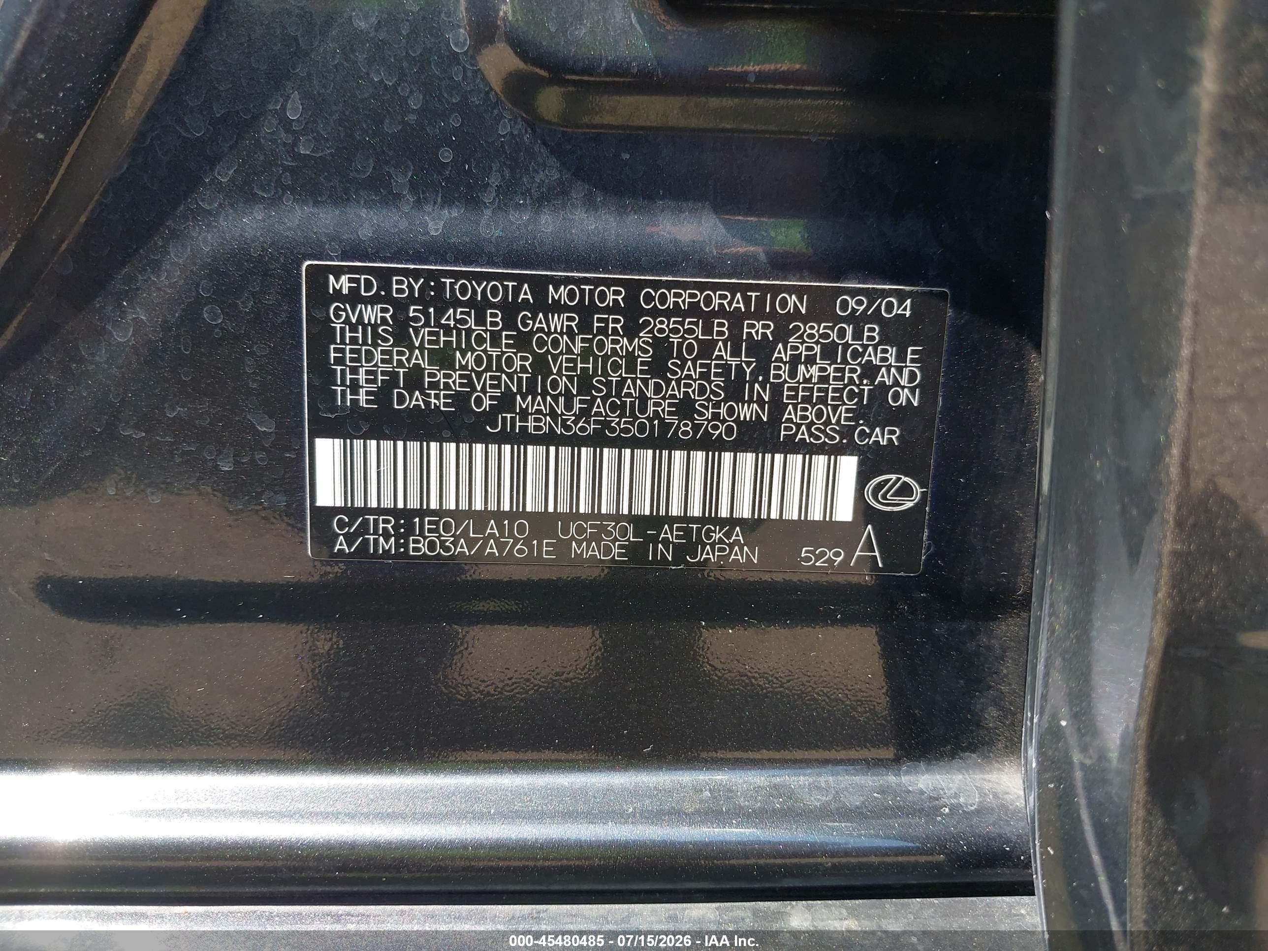 2005 Lexus Ls 430   Gray vin: JTHBN36F350178790