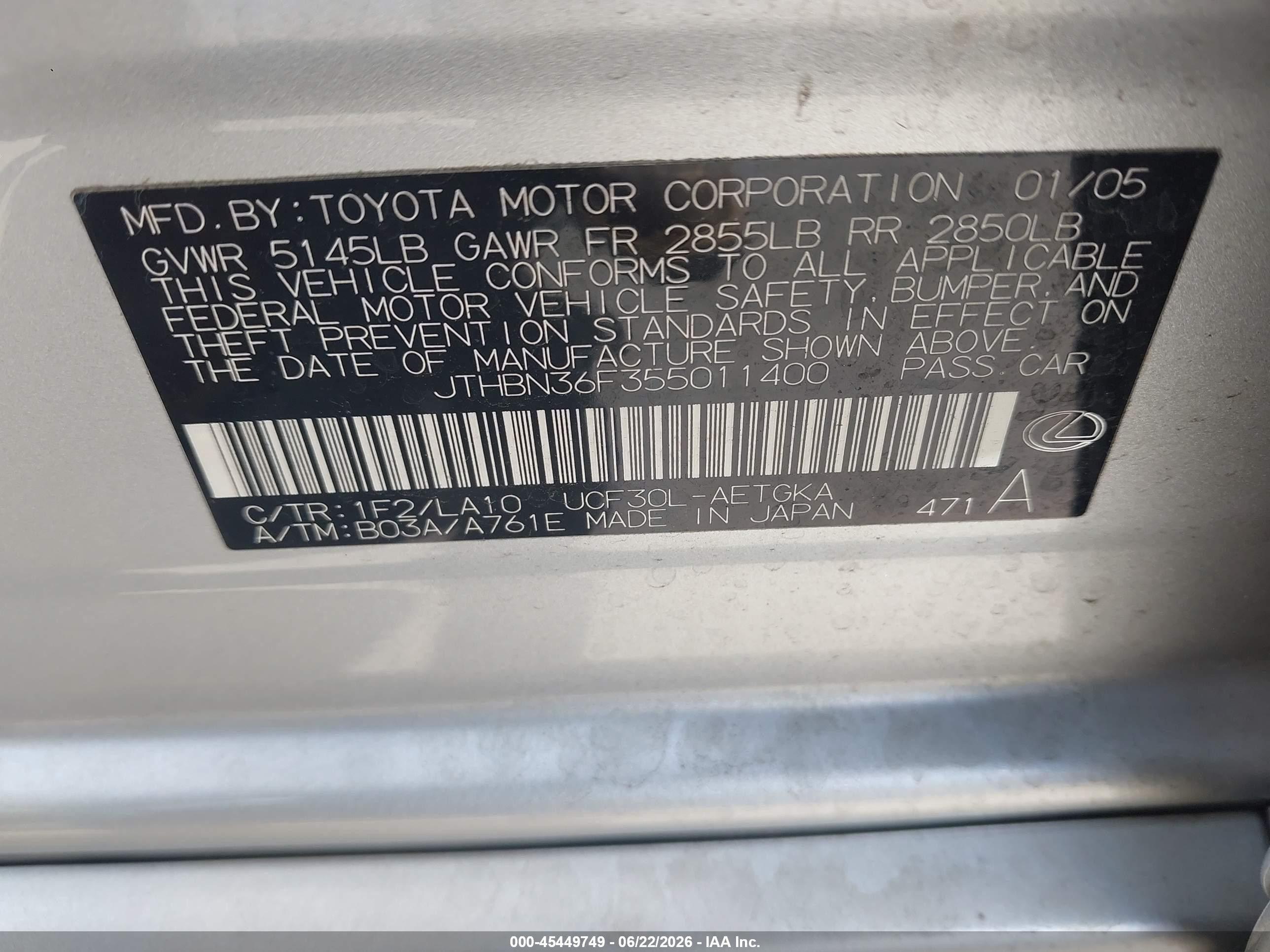 2005 Lexus Ls 430   Silver vin: JTHBN36F355011400