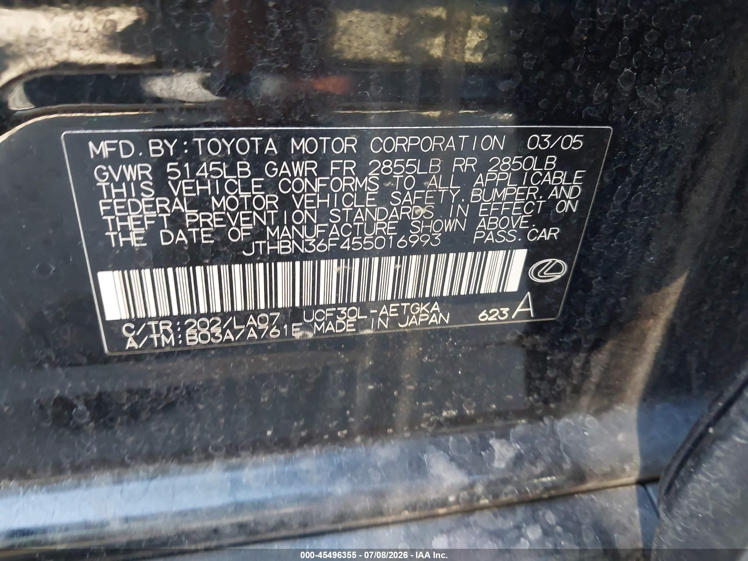 2005 Lexus Ls 430   Black vin: JTHBN36F455016993