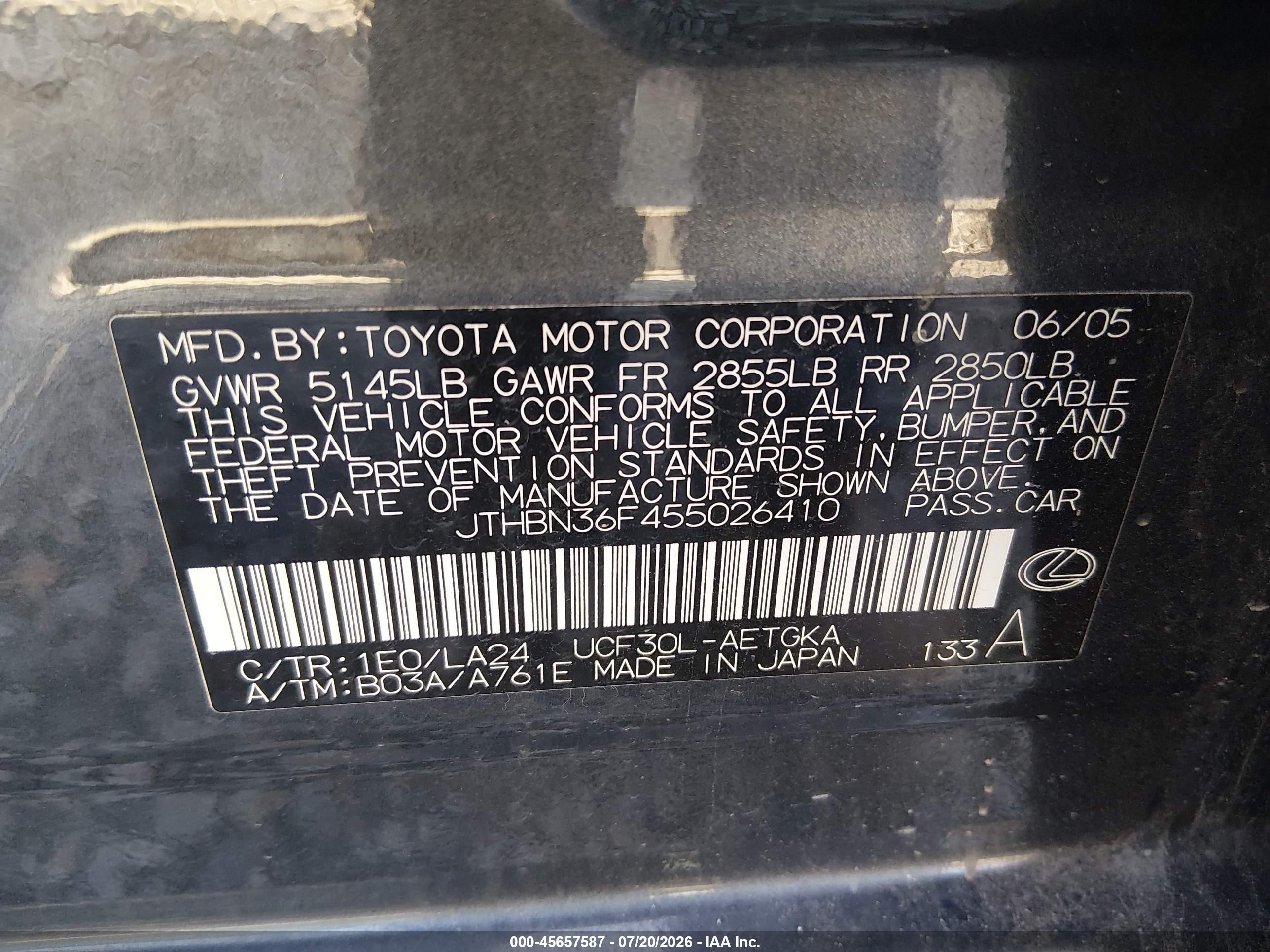 2005 Lexus Ls 430   Gray vin: JTHBN36F455026410