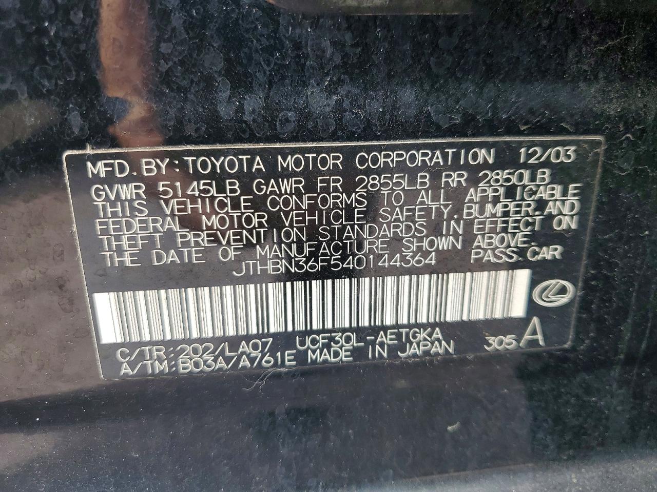 2004 Lexus Ls 430 Black vin: JTHBN36F540144364