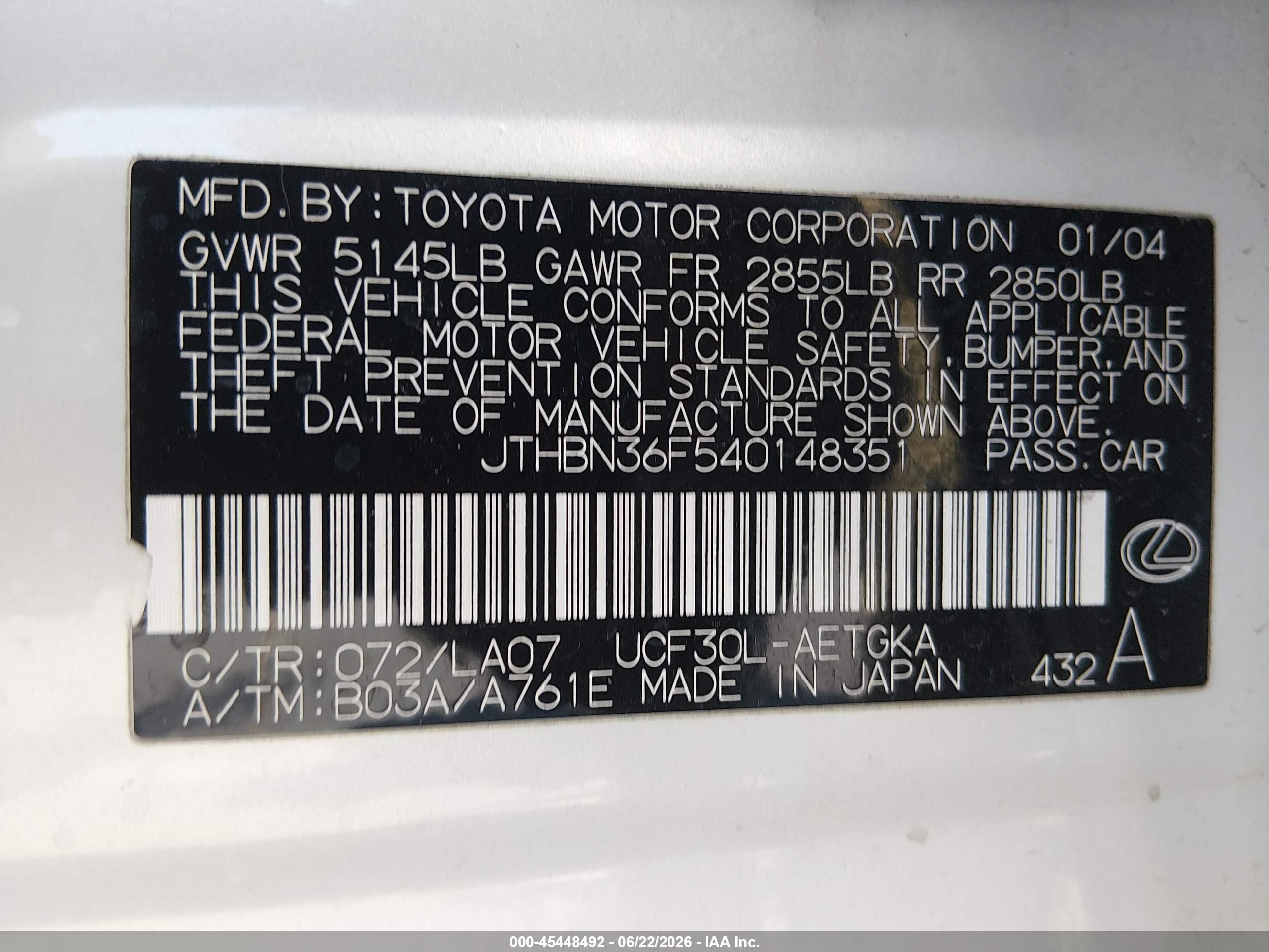 2004 Lexus Ls 430 White vin: JTHBN36F540148351