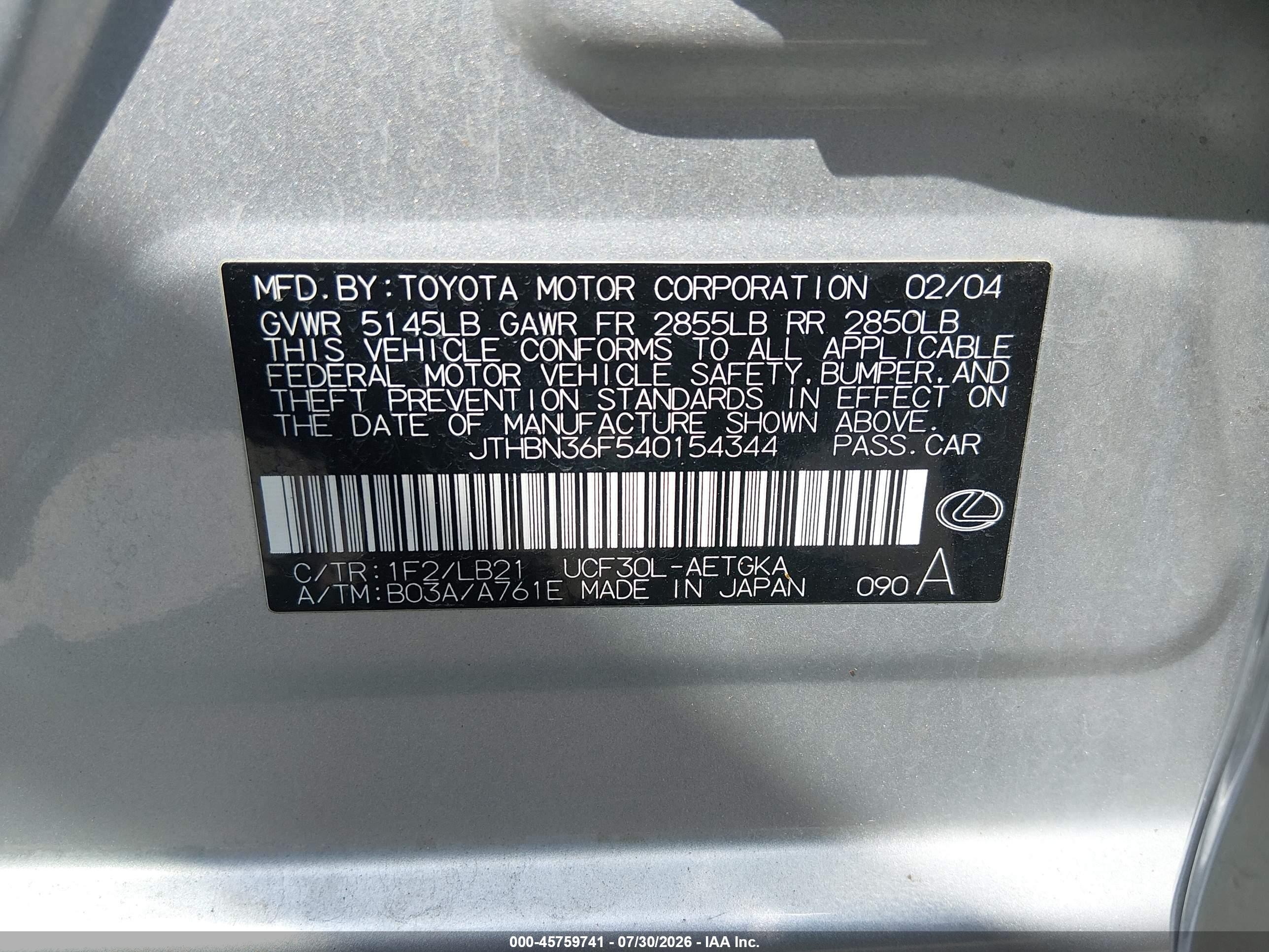 2004 Lexus Ls 430   Gray vin: JTHBN36F540154344