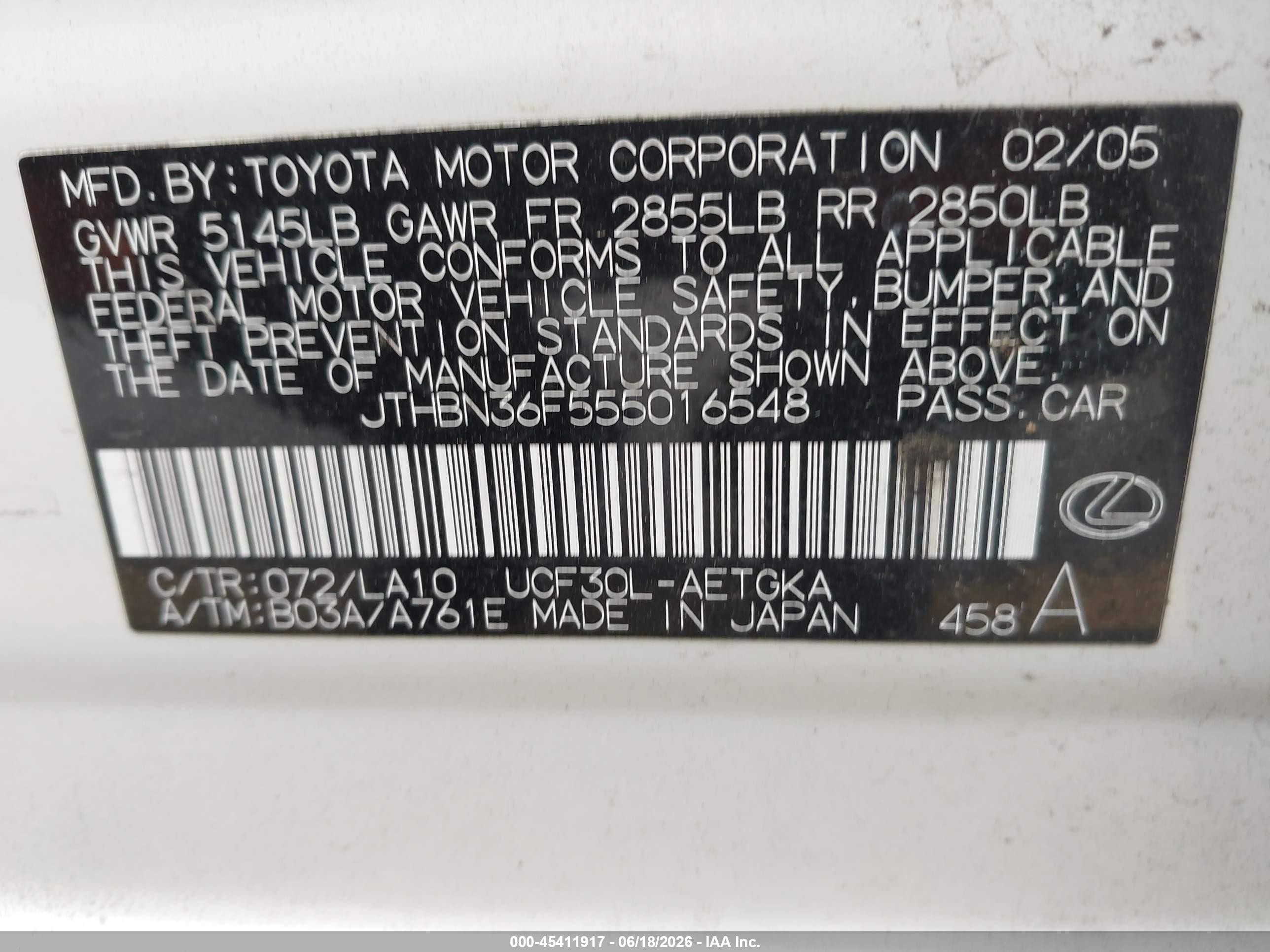 2005 Lexus Ls 430 Кремовый vin: JTHBN36F555016548