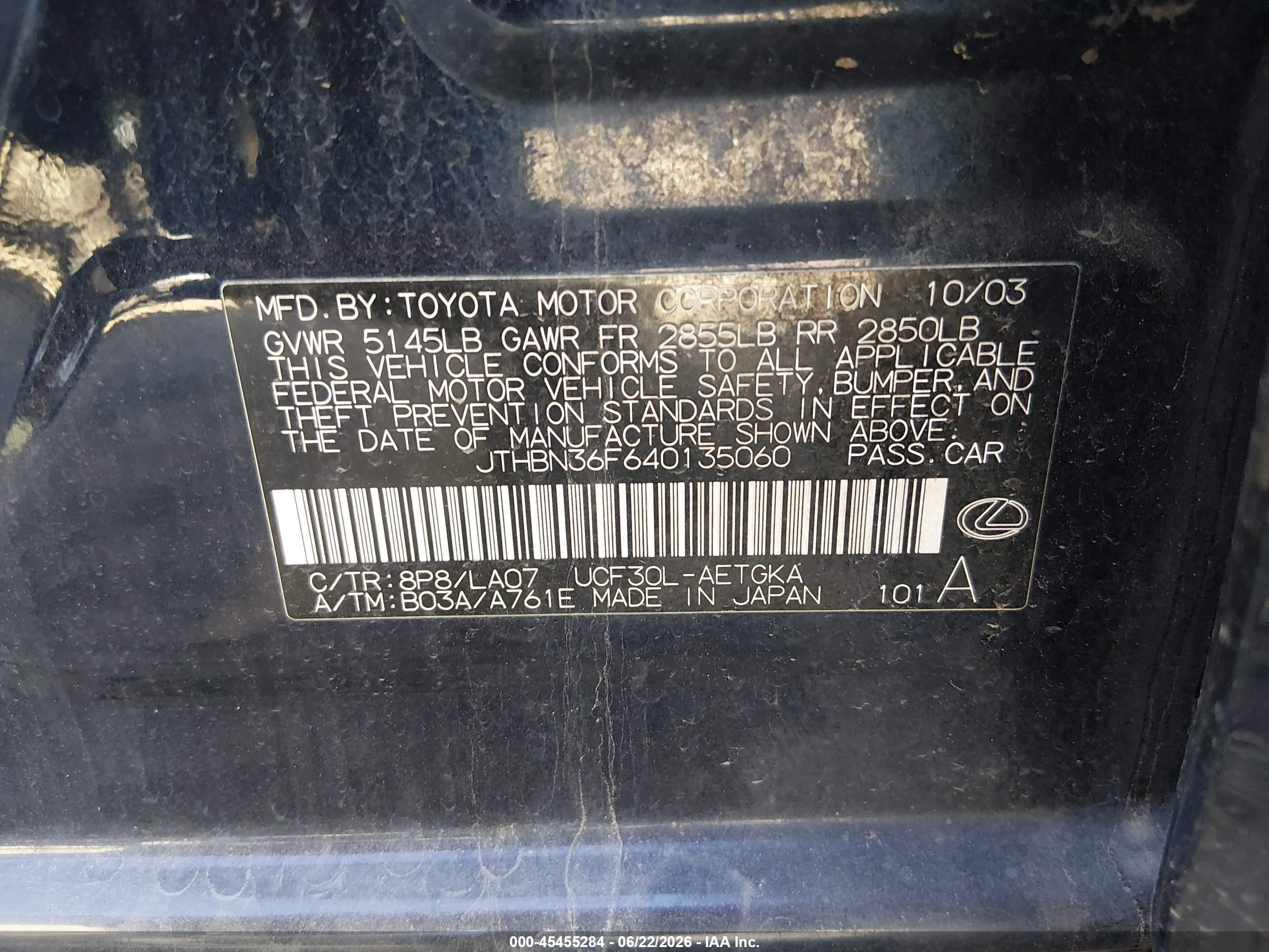 2004 Lexus Ls 430   Black vin: JTHBN36F640135060