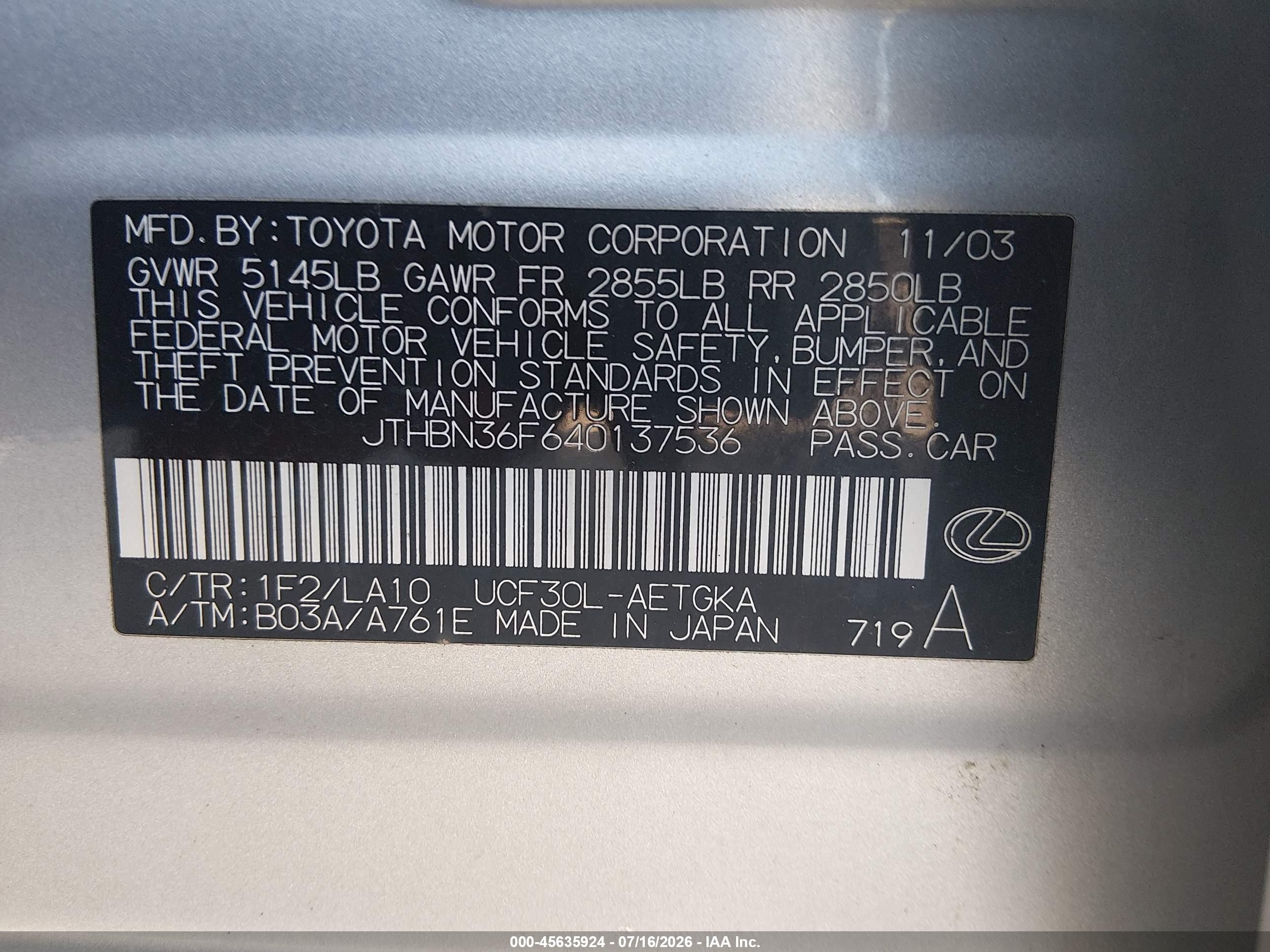 2004 Lexus Ls 430   Silver vin: JTHBN36F640137536