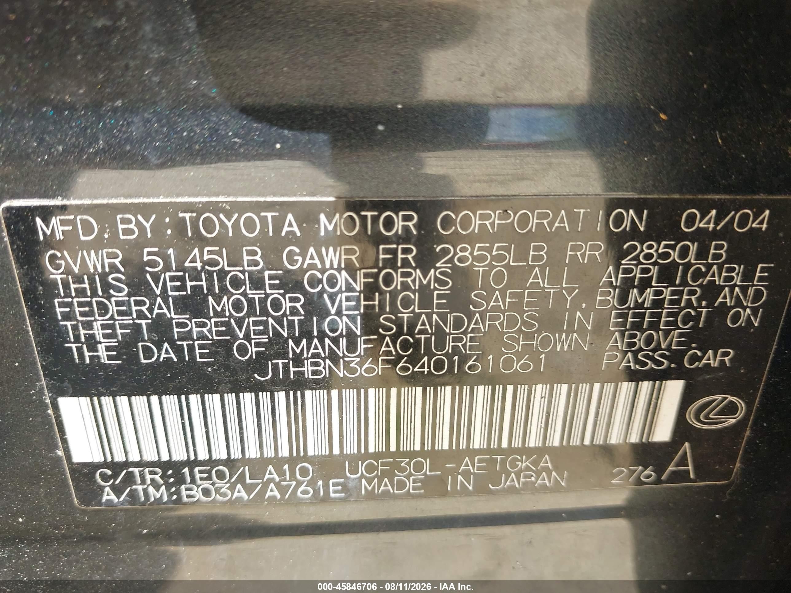 2004 Lexus Ls 430 Gray vin: JTHBN36F640161061