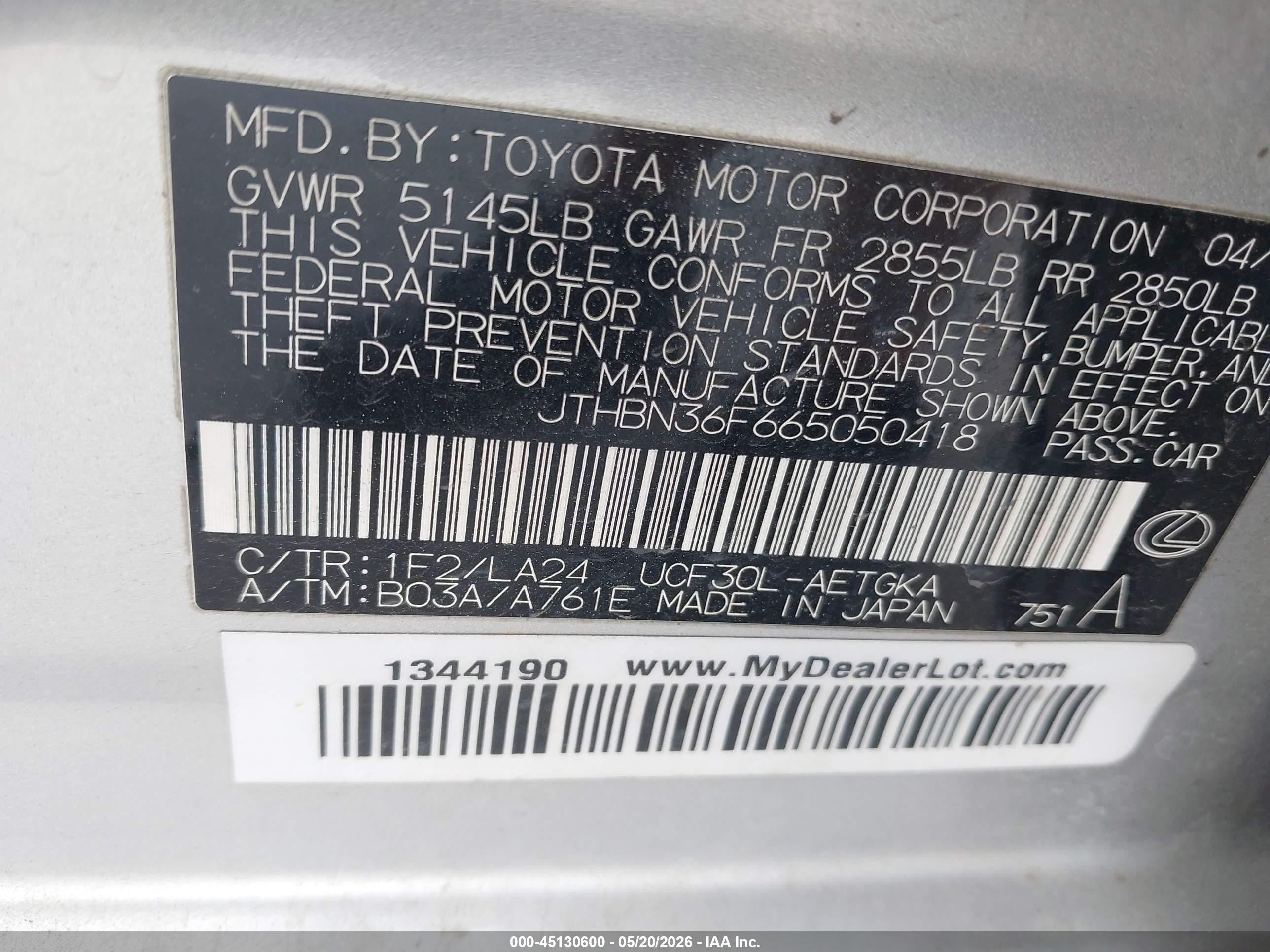 2006 Lexus Ls 430 Silver vin: JTHBN36F665050418