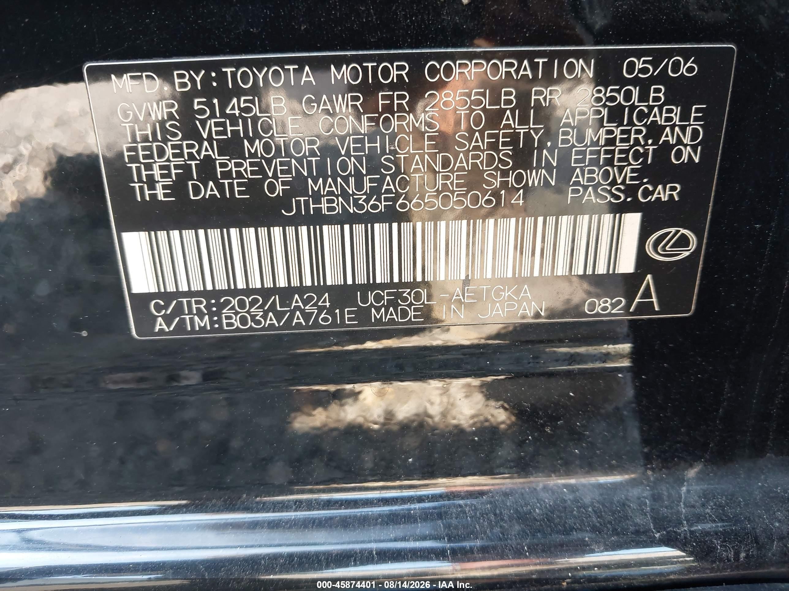 2006 Lexus Ls 430   Black vin: JTHBN36F665050614