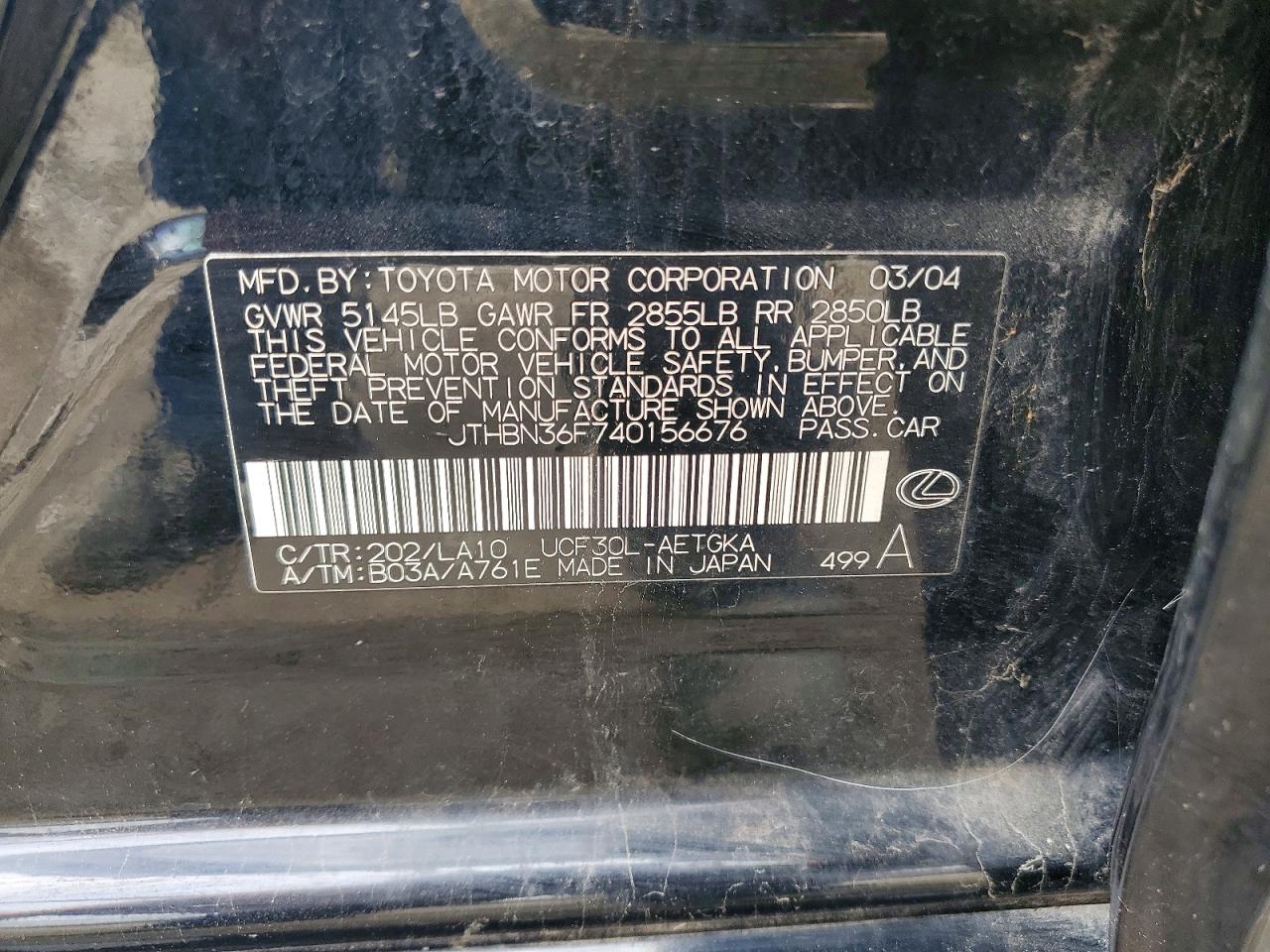 2004 Lexus Ls 430 Black vin: JTHBN36F740156676