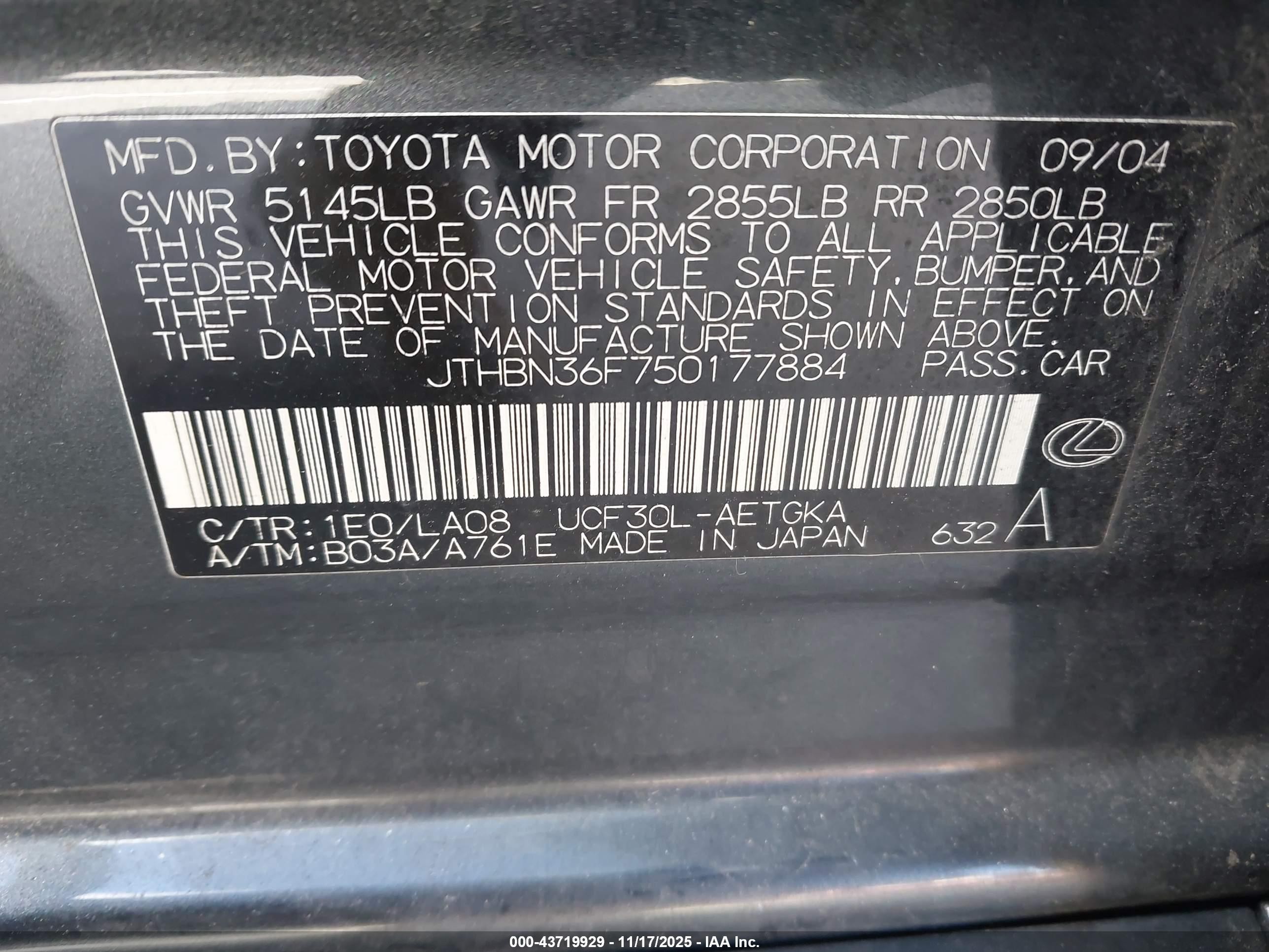2005 Lexus Ls 430 Серый vin: JTHBN36F750177884
