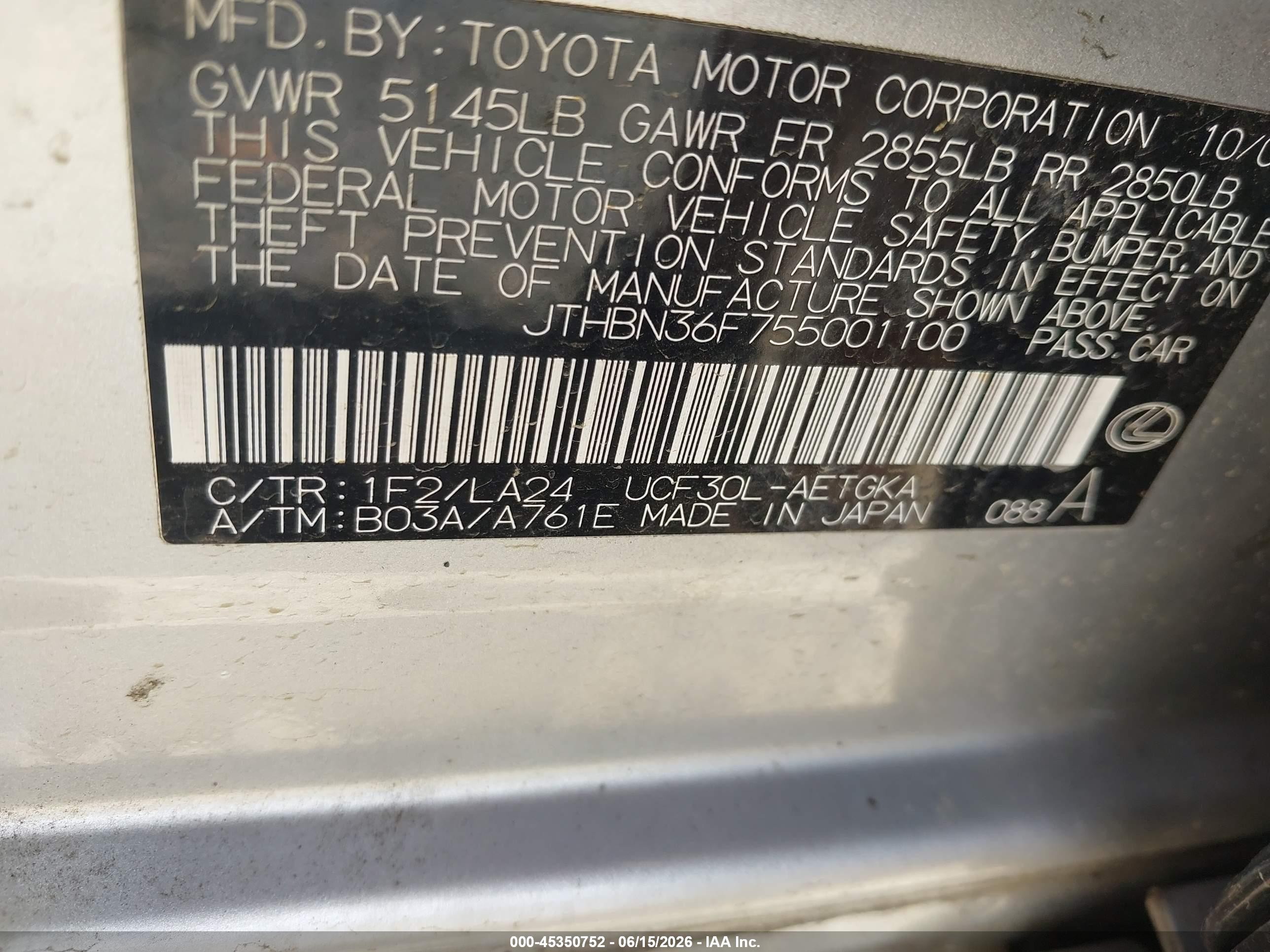 2005 Lexus Ls 430 Black vin: JTHBN36F755001100