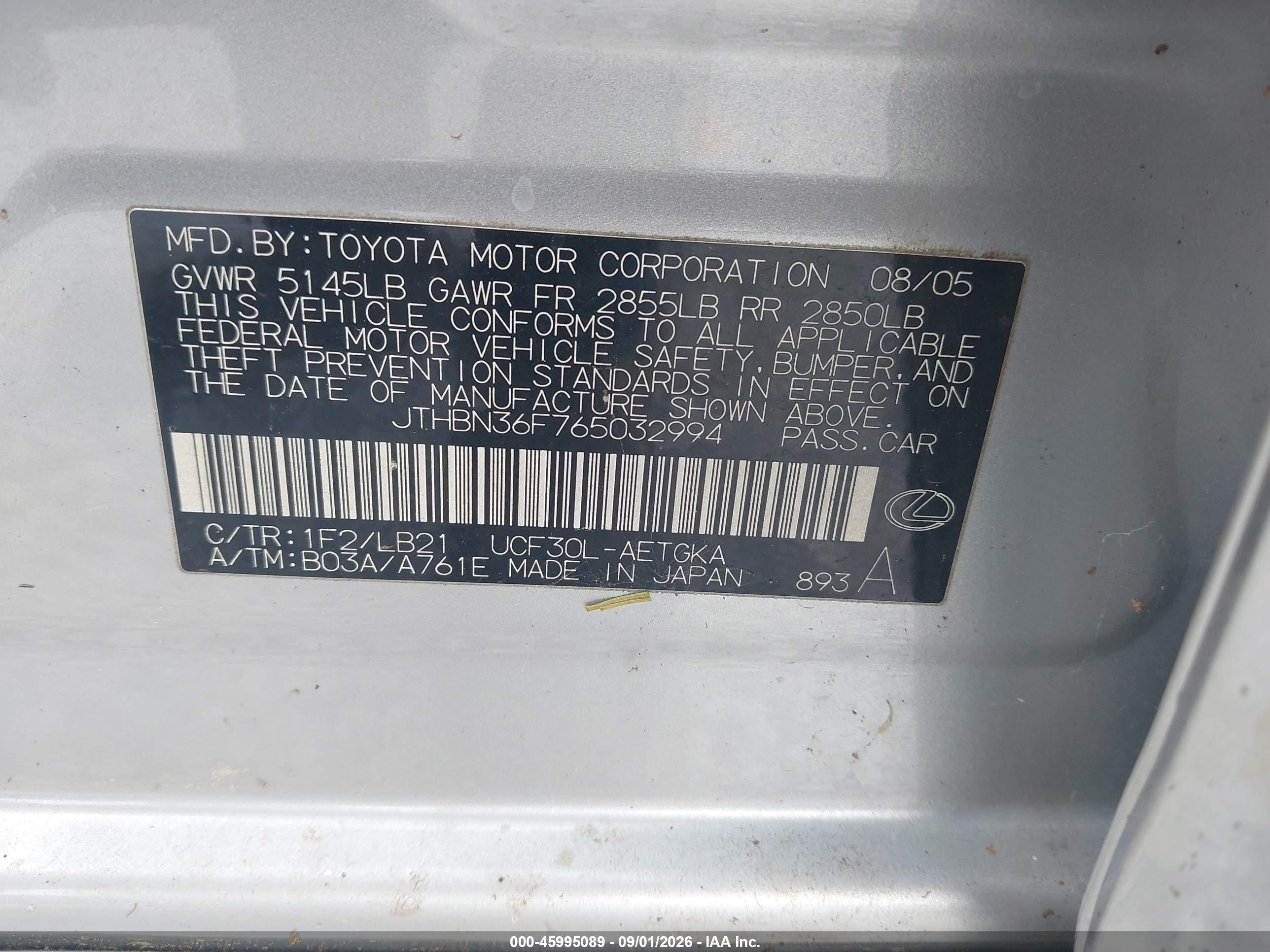 2006 Lexus Ls 430 Silver vin: JTHBN36F765032994