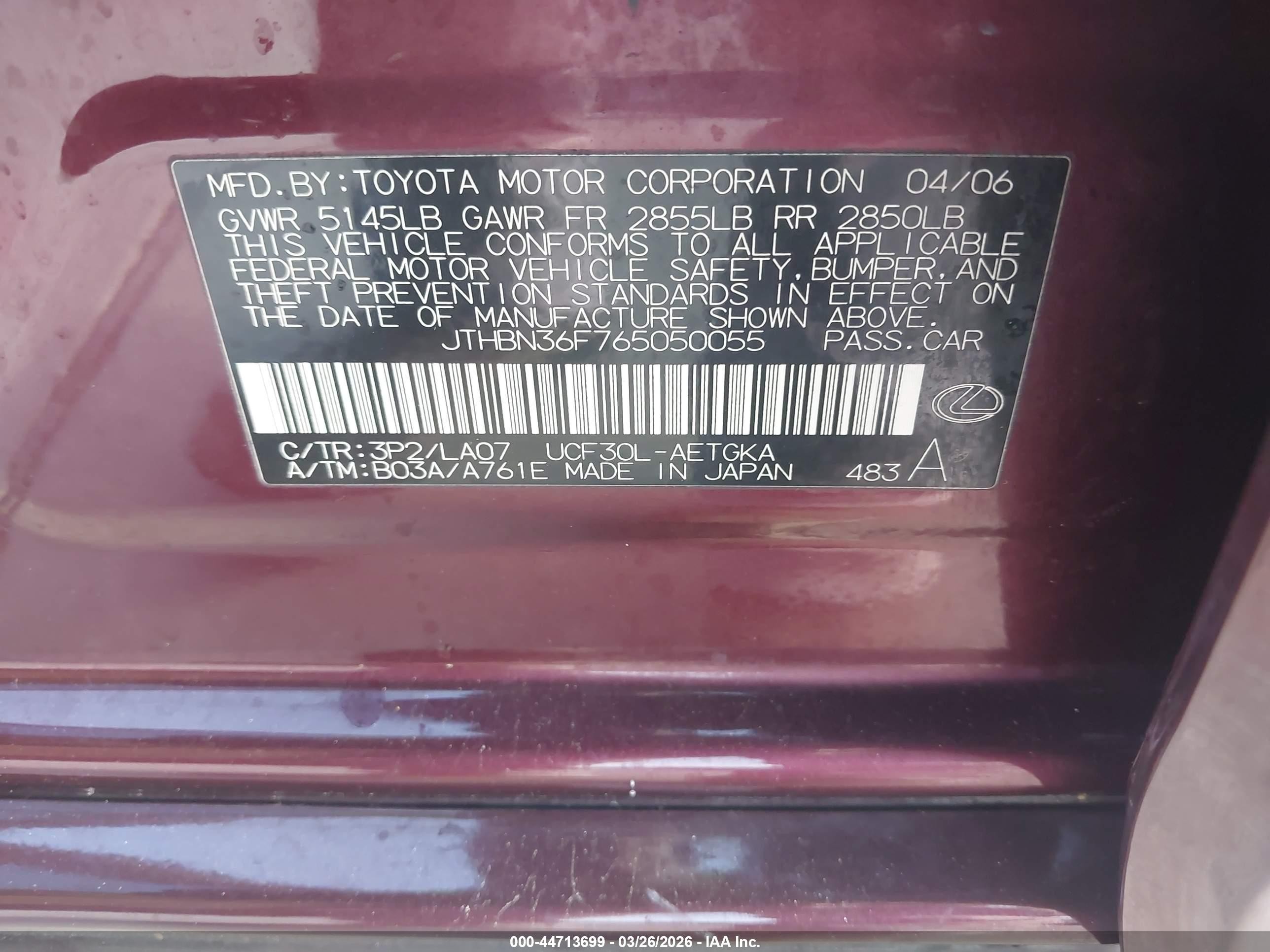 2006 Lexus Ls 430   Burgundy vin: JTHBN36F765050055